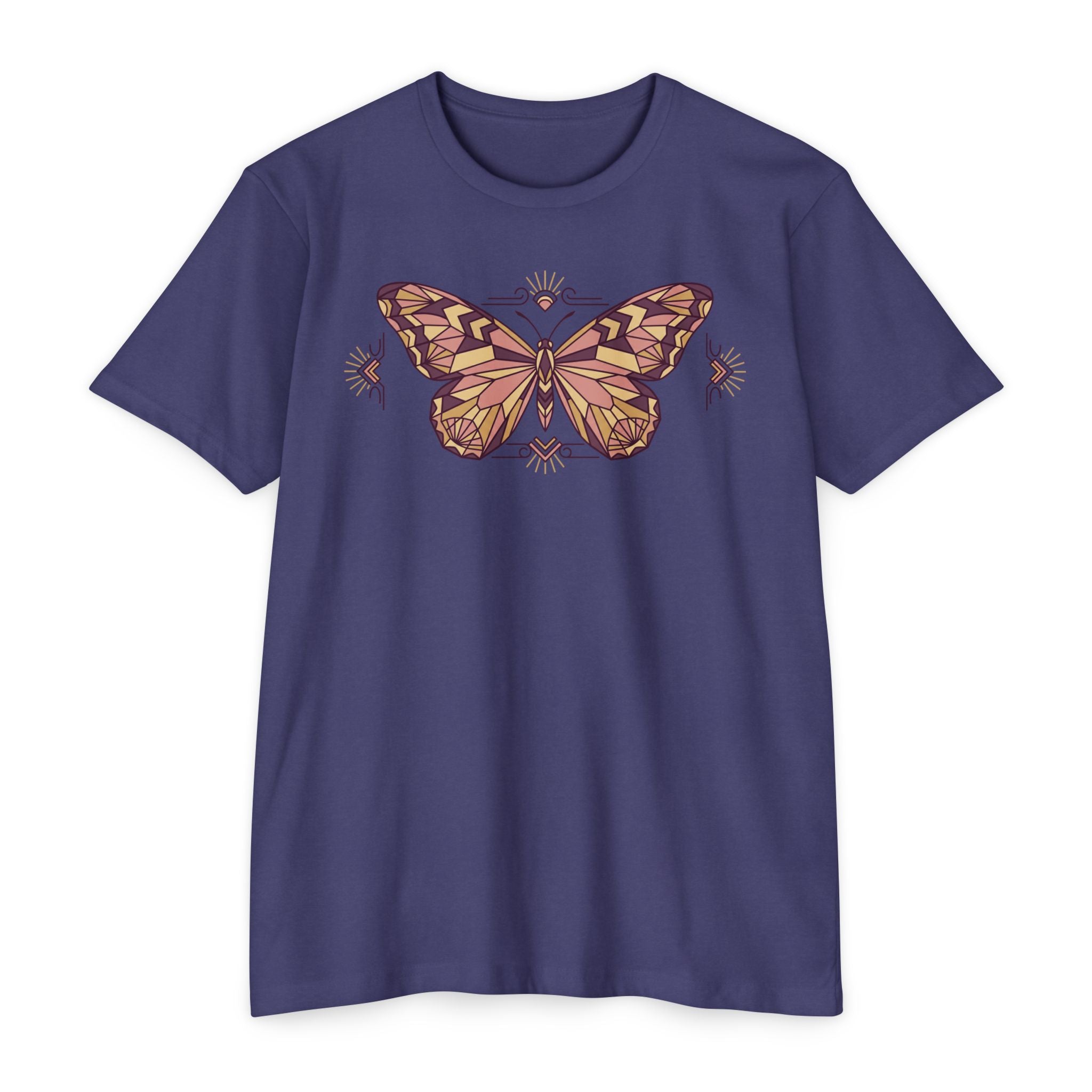 Purple butterfly graphic T-shirt with vintage floral wings illustration, crew neck