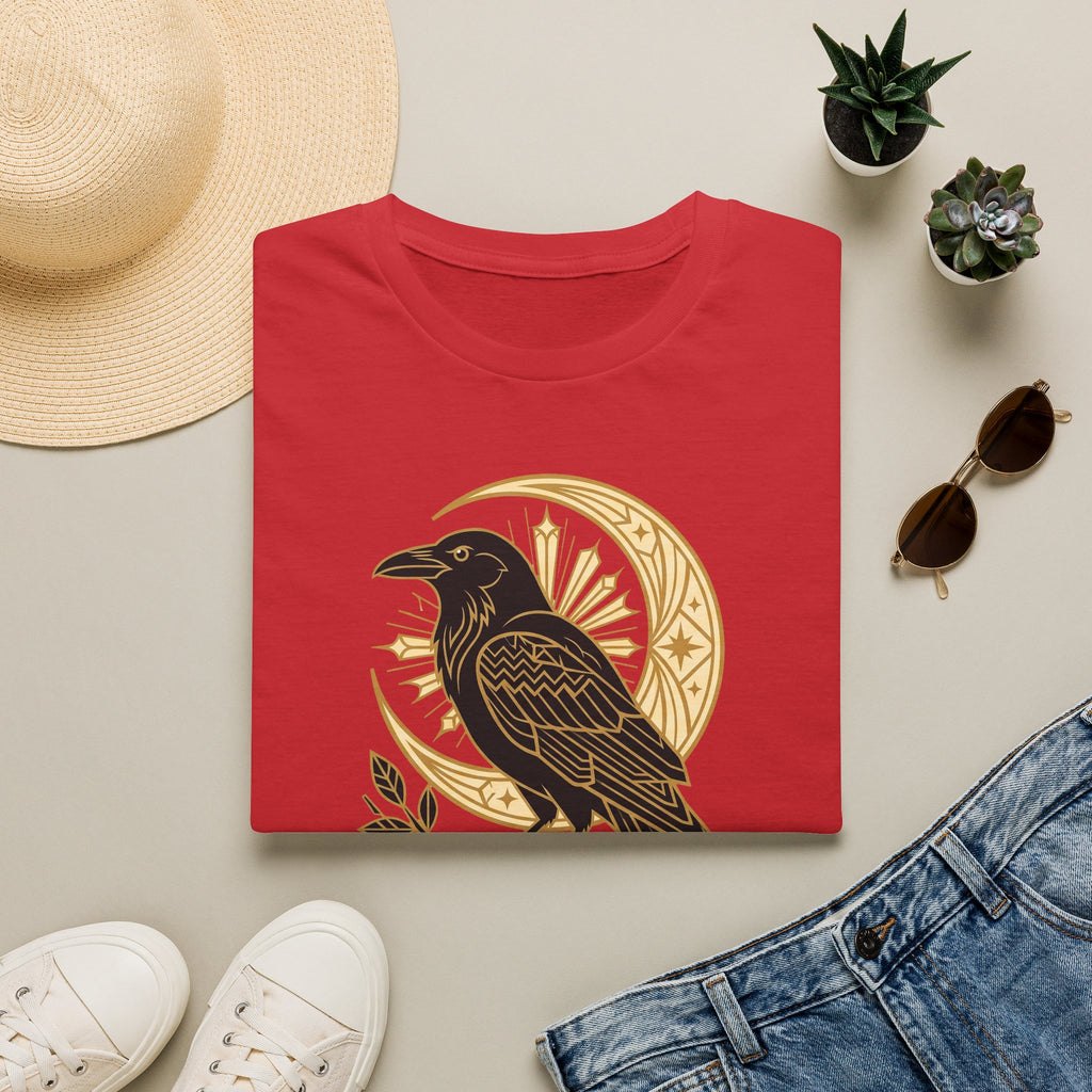 Red crewneck T-shirt with gold raven and moon graphic on front
