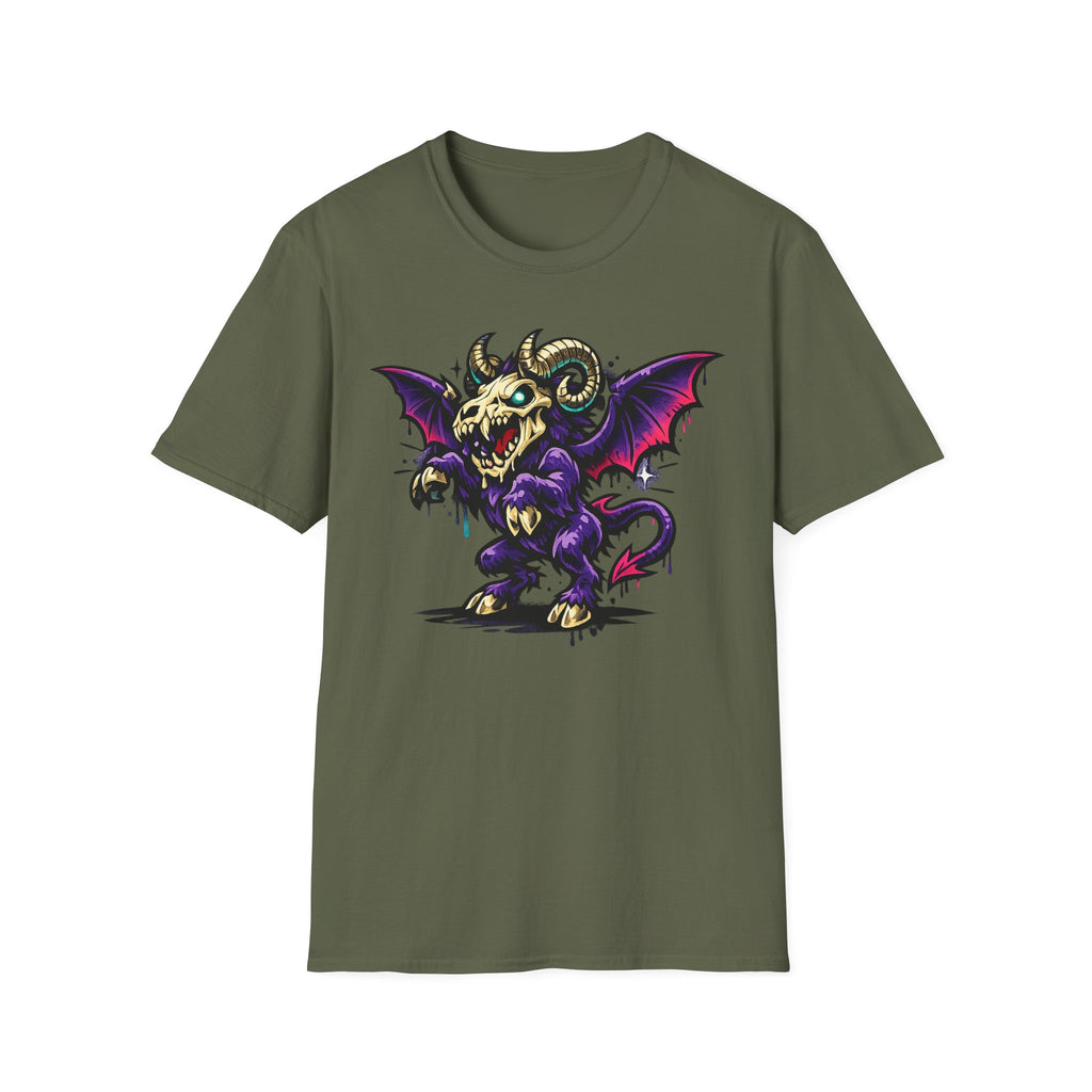 Olive green short-sleeve graphic T-shirt with purple bat-skull ram creature