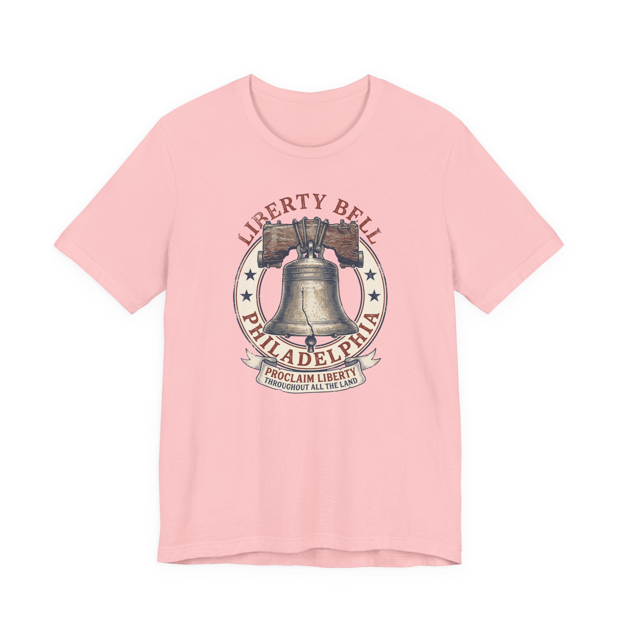 Pink T-shirt with Liberty Bell graphic emblem at center chest