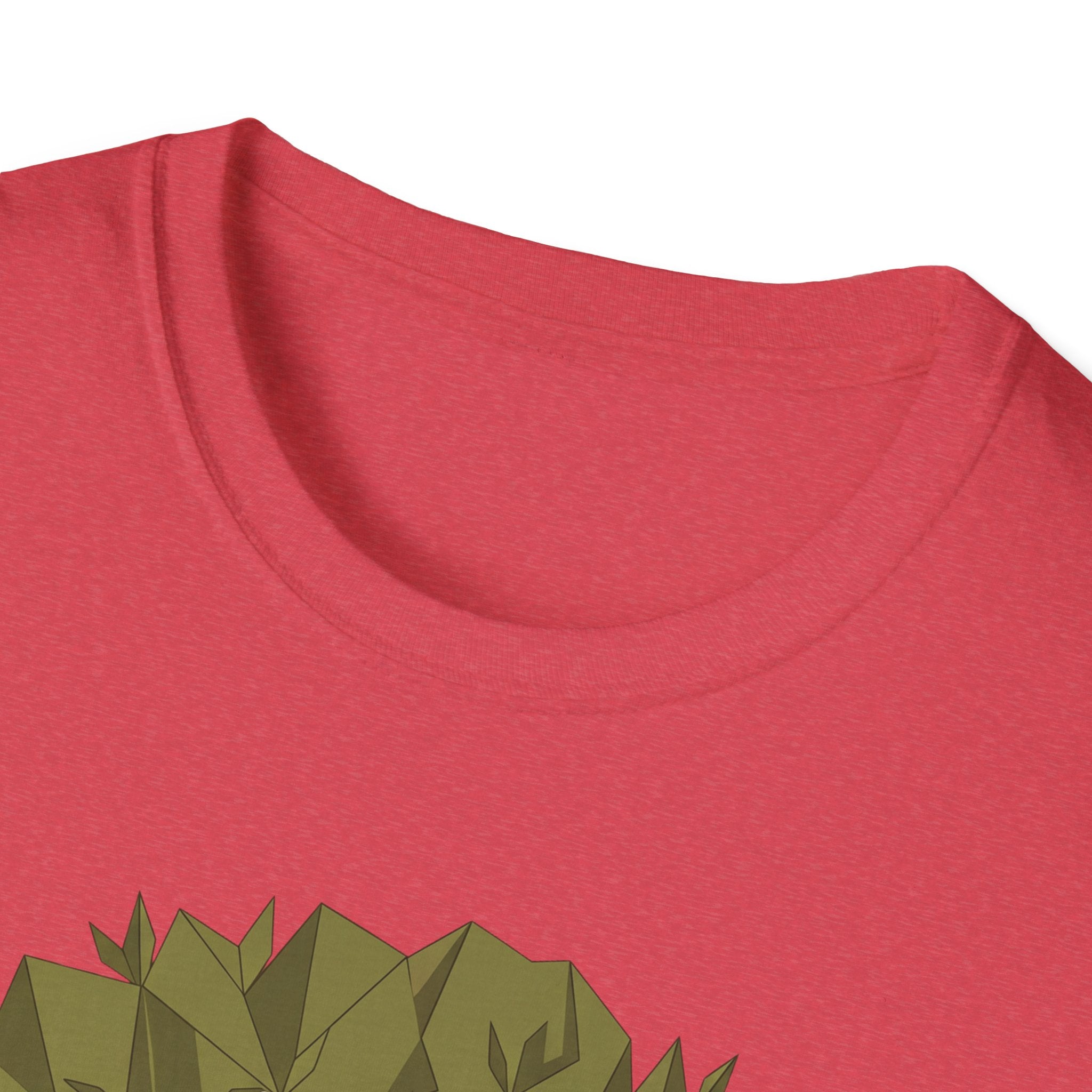 Twisted olive tree graphic T-shirt, red, crew neck close-up with tree top