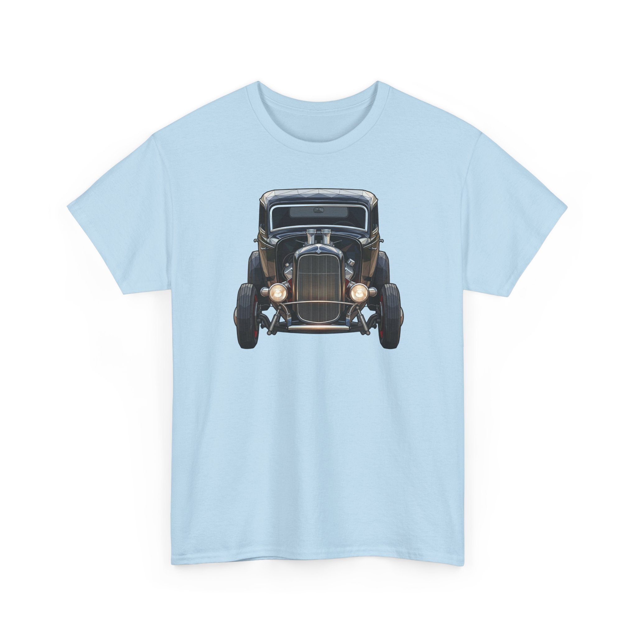 Light blue graphic T-shirt with vintage hot rod front view artwork