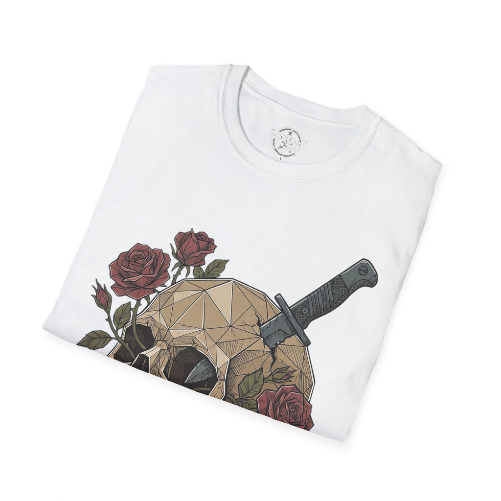 White T-shirt with geometric skull, roses, and dagger front print