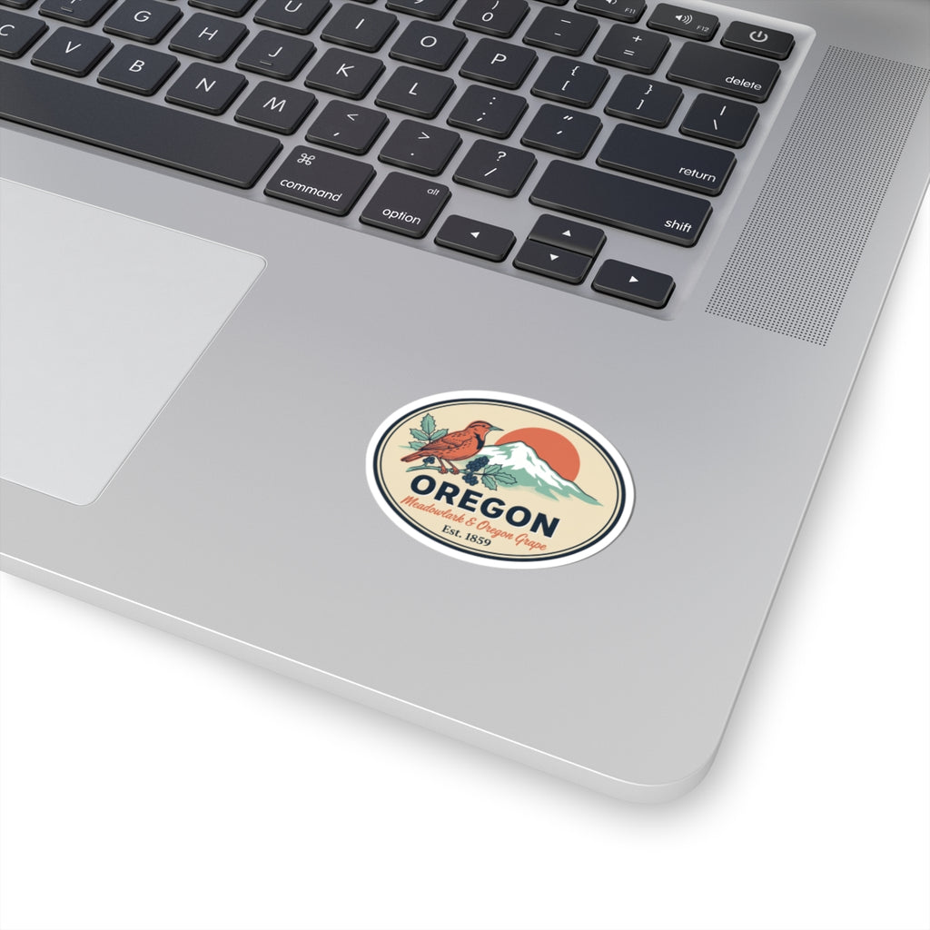 Circular Oregon state badge vinyl sticker with meadowlark and grape graphics, white border