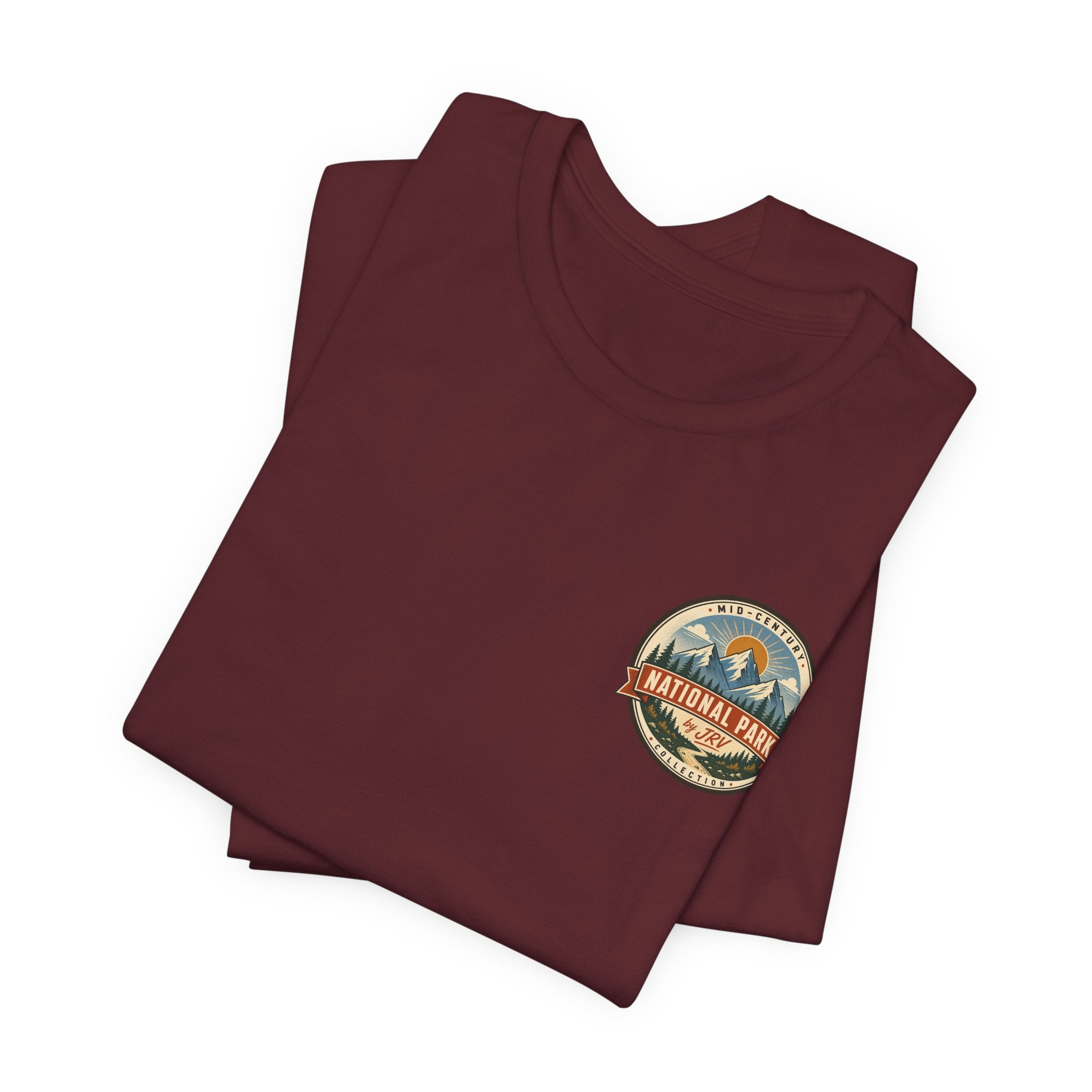Burgundy T-shirt set with small circular Yellowstone National Park style emblem