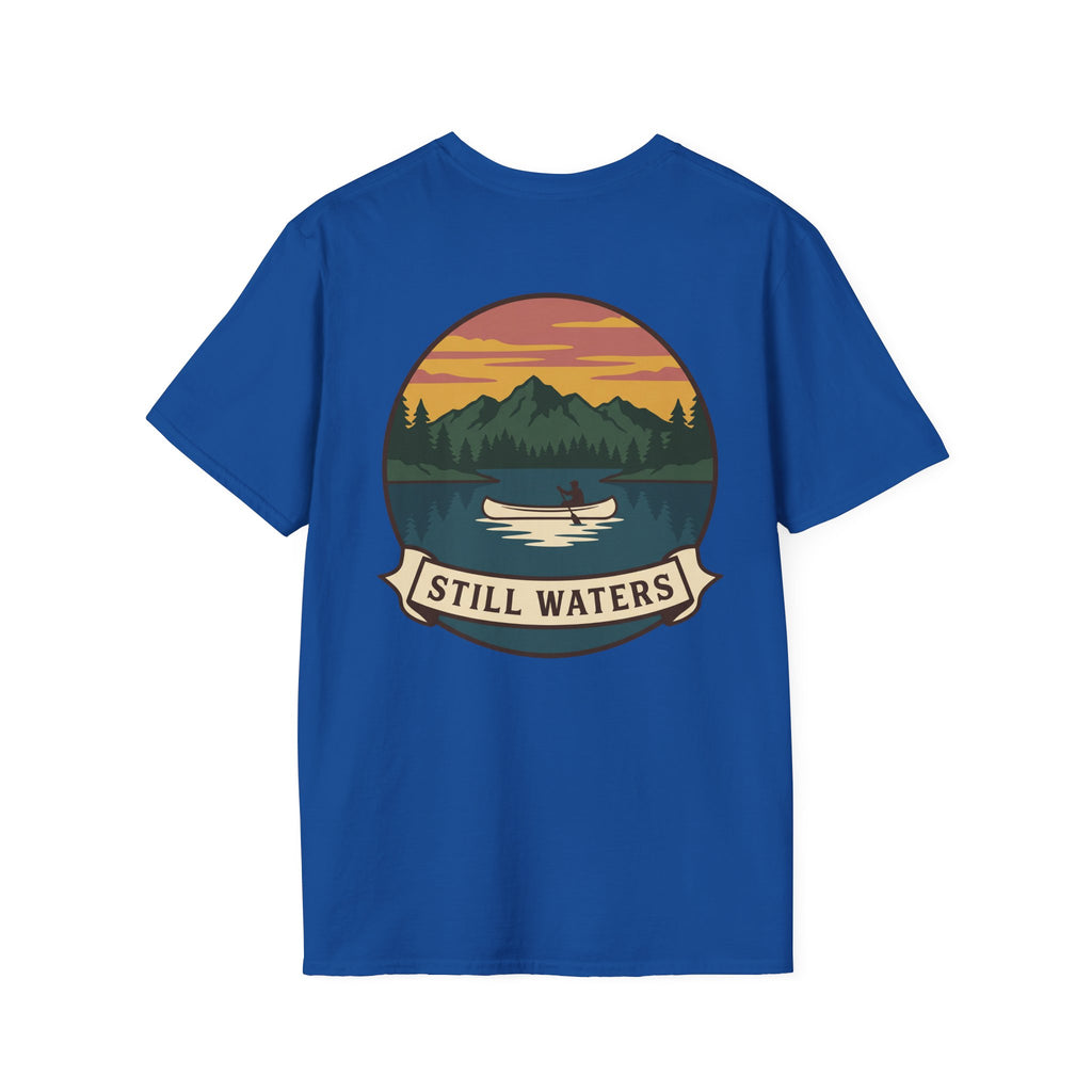 Blue T-shirt with sunset lake and “Still Waters” canoe scene graphic