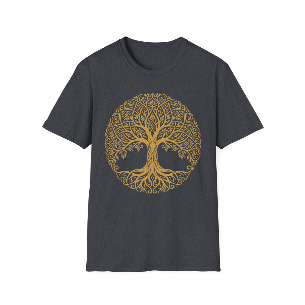 Gold Tree of Life T-shirt, Celtic mandala tree graphic on dark charcoal tee