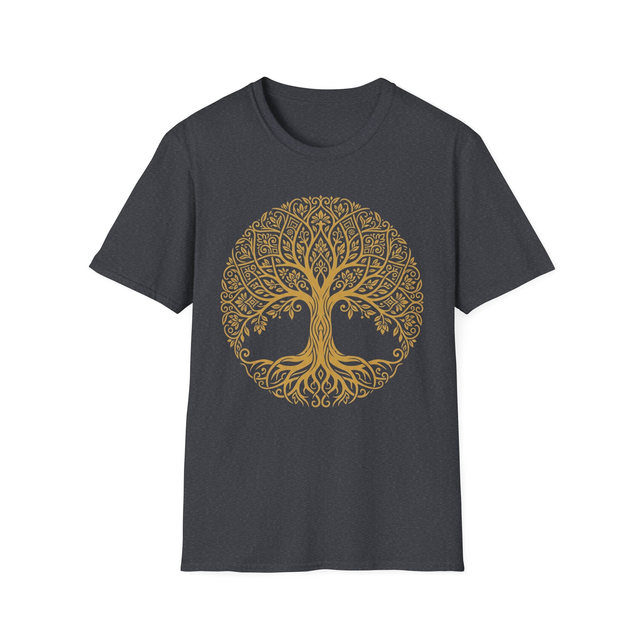 Gold Tree of Life T-shirt, Celtic mandala tree graphic on dark charcoal tee