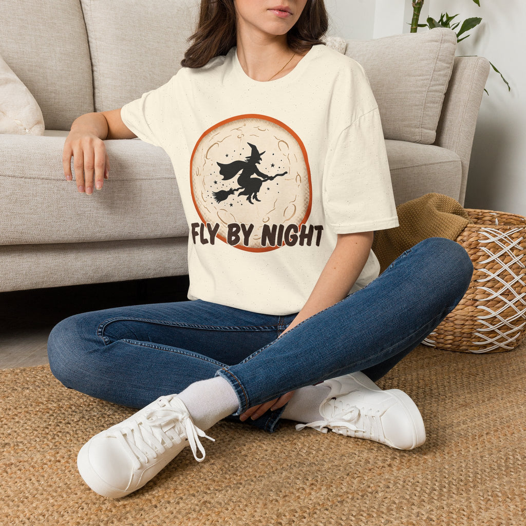 White crew-neck t-shirt with witch silhouette graphic and orange circle