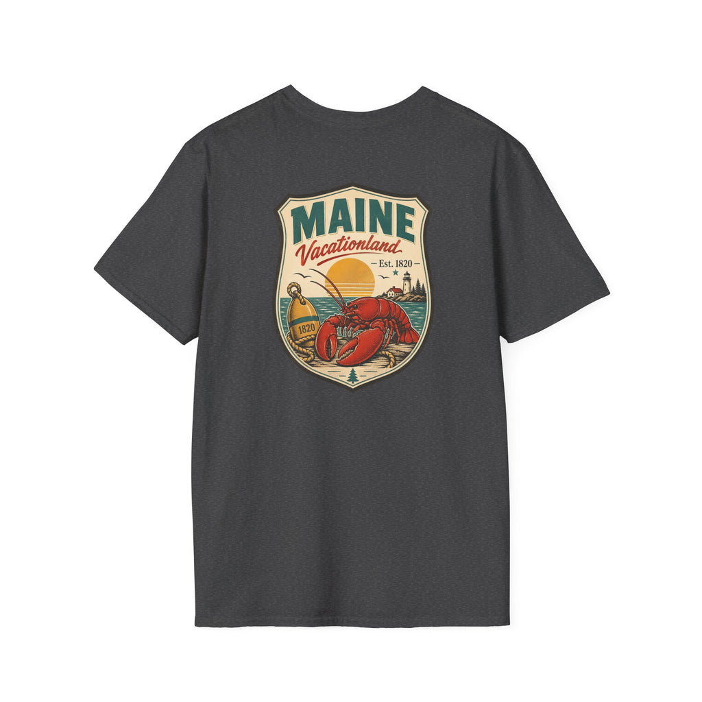 Dark charcoal Maine graphic T-shirt with shield logo and lobster artwork on chest