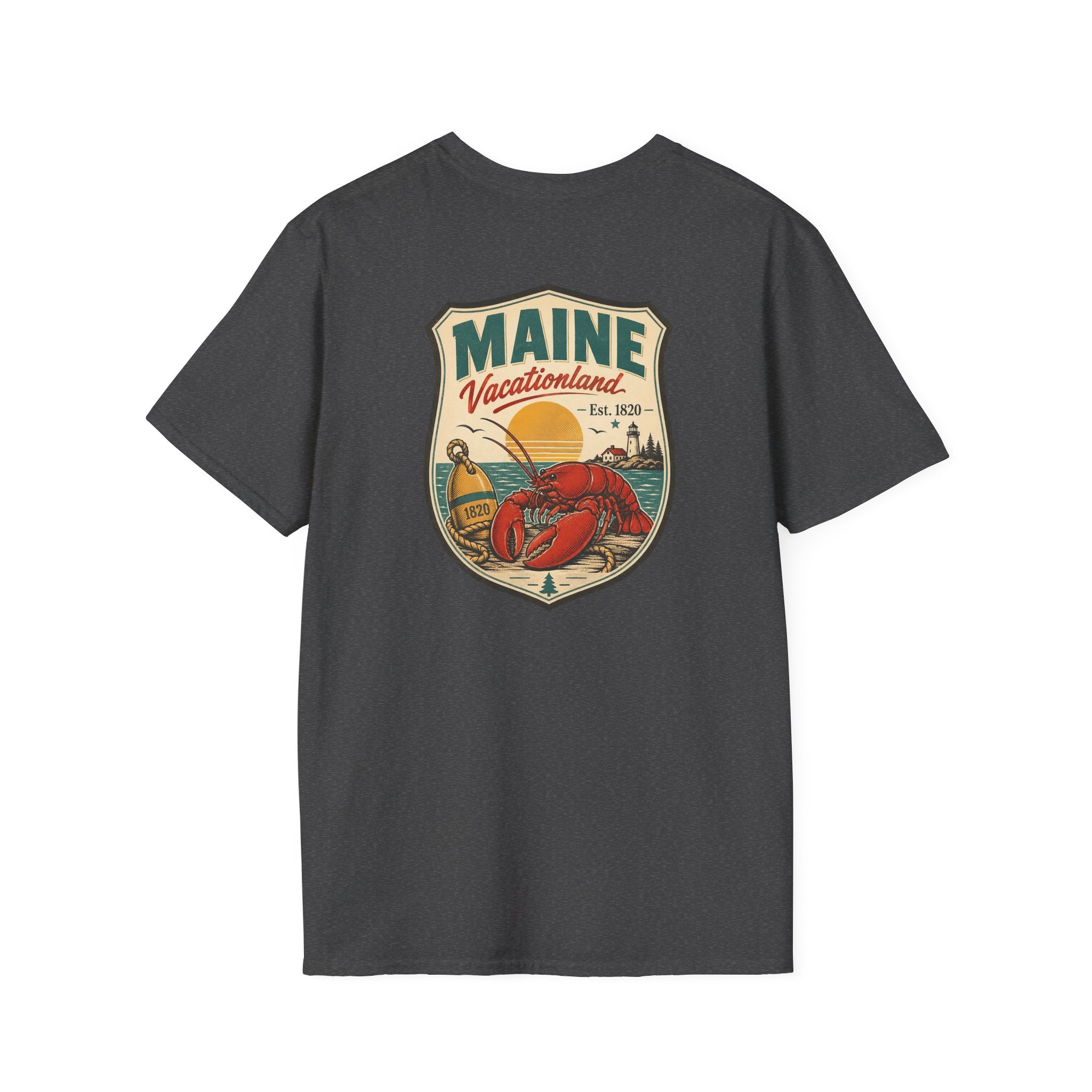Dark charcoal Maine graphic T-shirt with shield logo and lobster artwork on chest