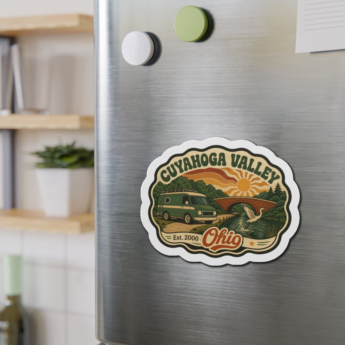 Die-cut Cuyahoga Valley camper van fridge magnet with Ohio text and landscape scene