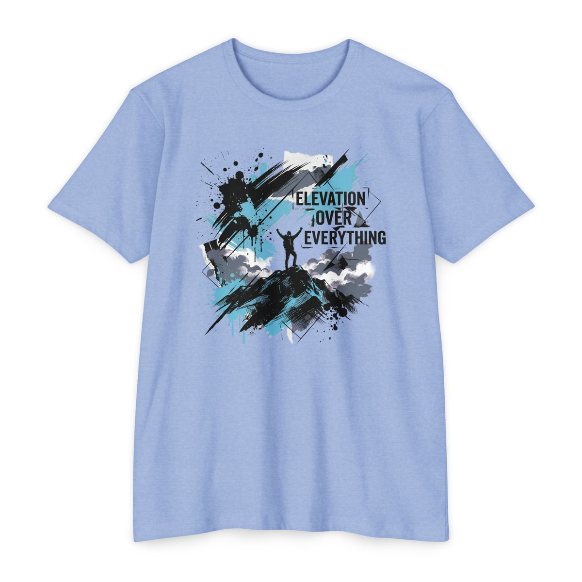 Crewneck T-shirt in light blue with front paint-splash mountain graphic in blue and black