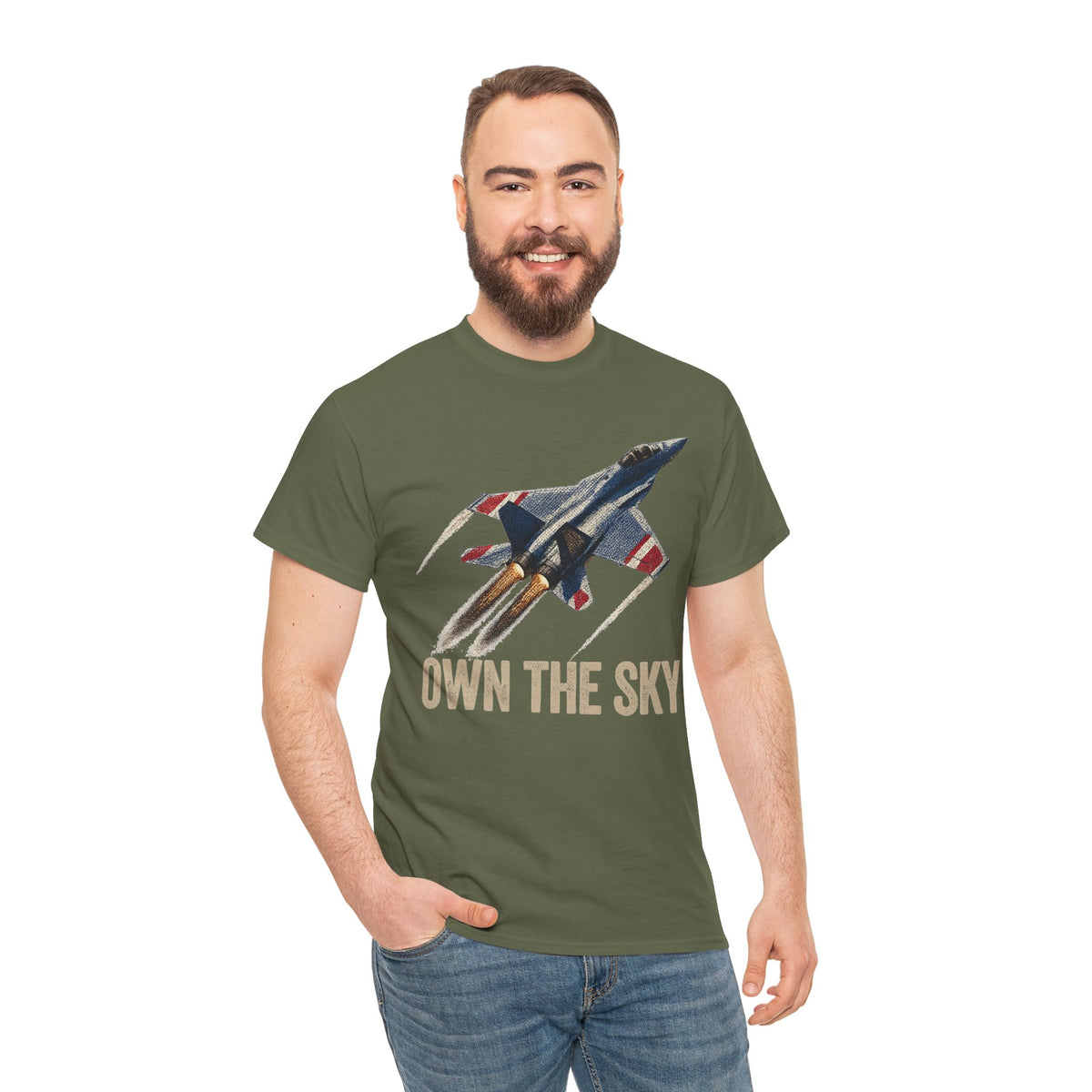 Military green T-shirt with fighter jet art and 'OWN THE SKY' text on chest