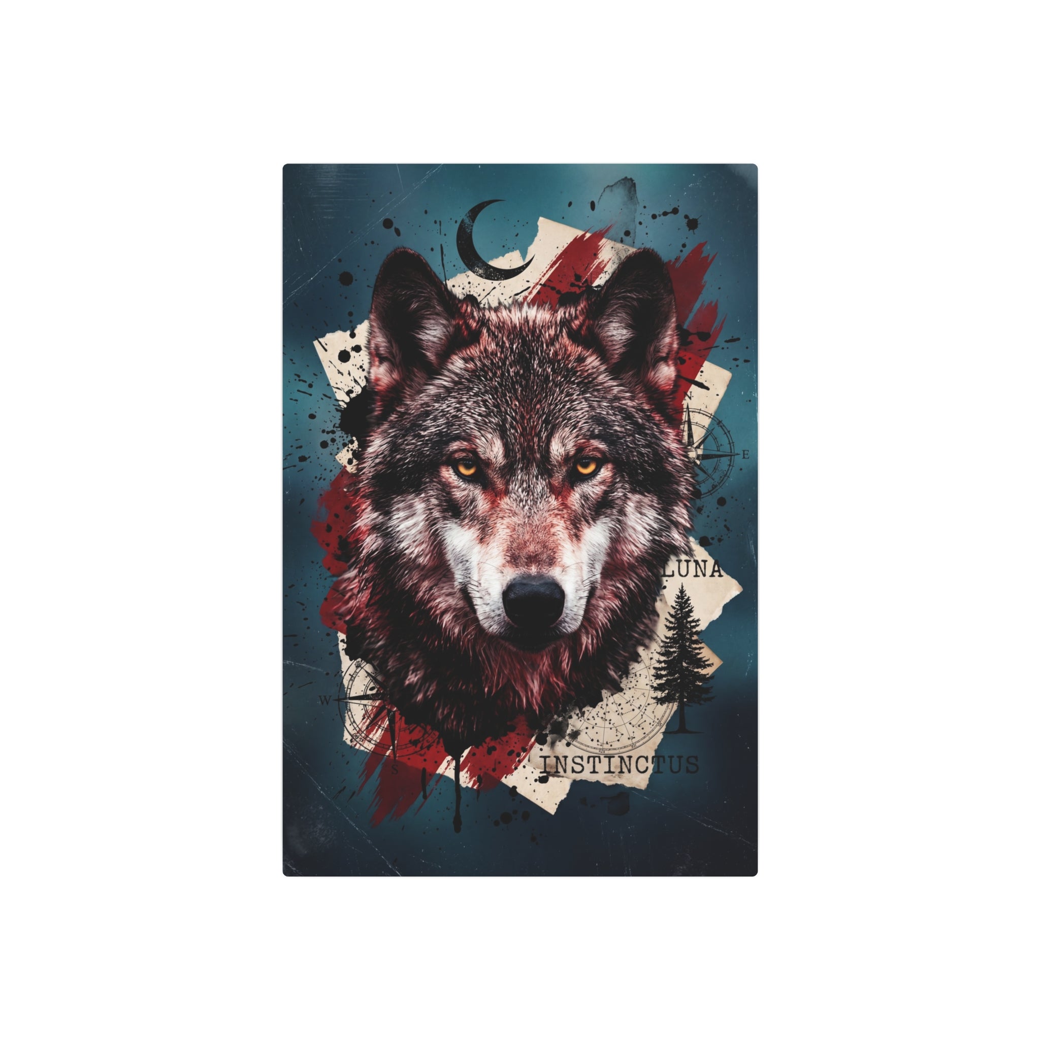 Wolf wall art print with dark speckled face, red splatter and teal-blue background.