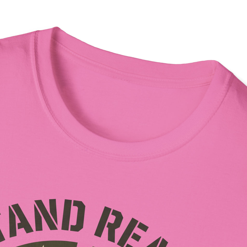 Pink crewneck t-shirt close-up of collar and arched “STAND REA” text