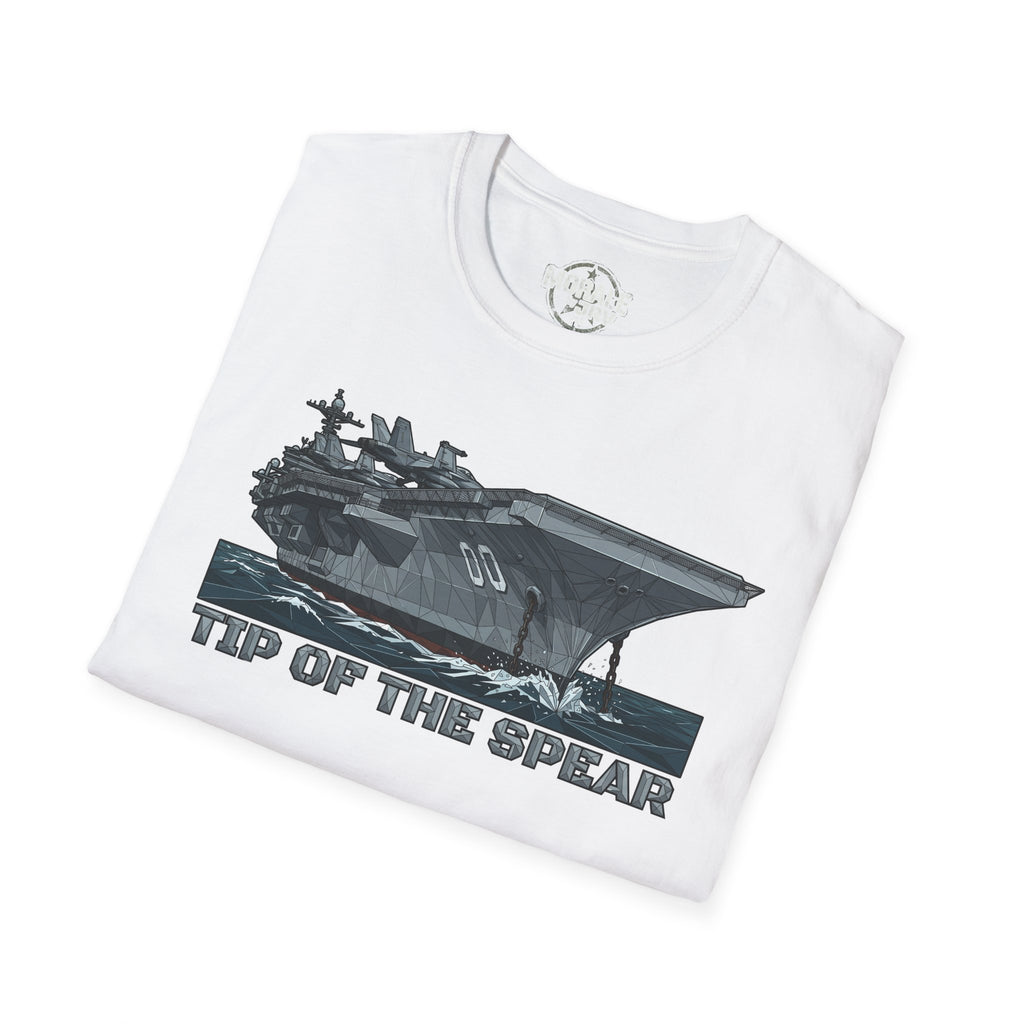 White T-shirt with aircraft carrier graphic and “TIP OF THE SPEAR” text
