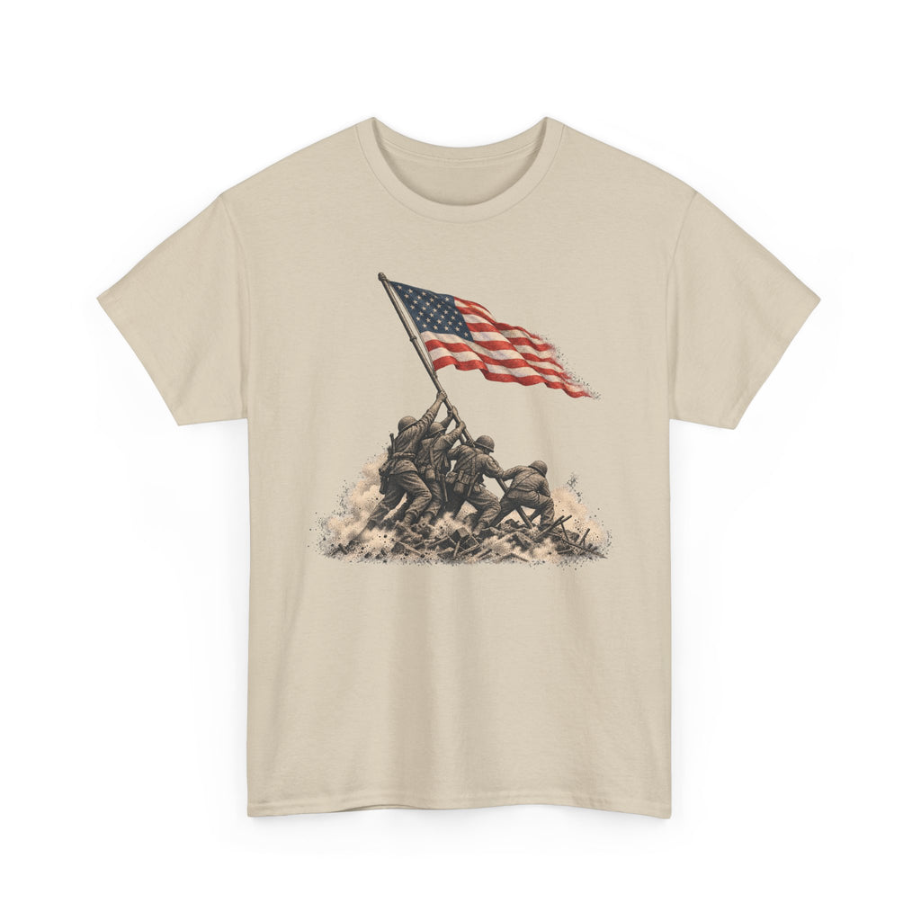 Sand graphic T-shirt with waving American flag over raised battle scene