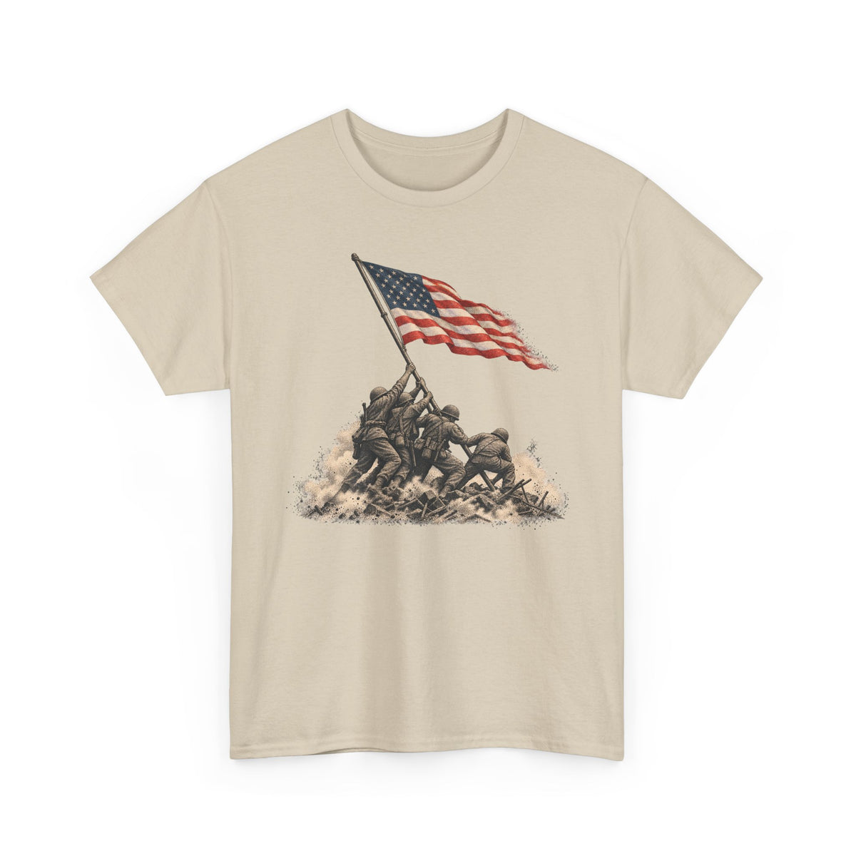Sand graphic T-shirt with waving American flag over raised battle scene