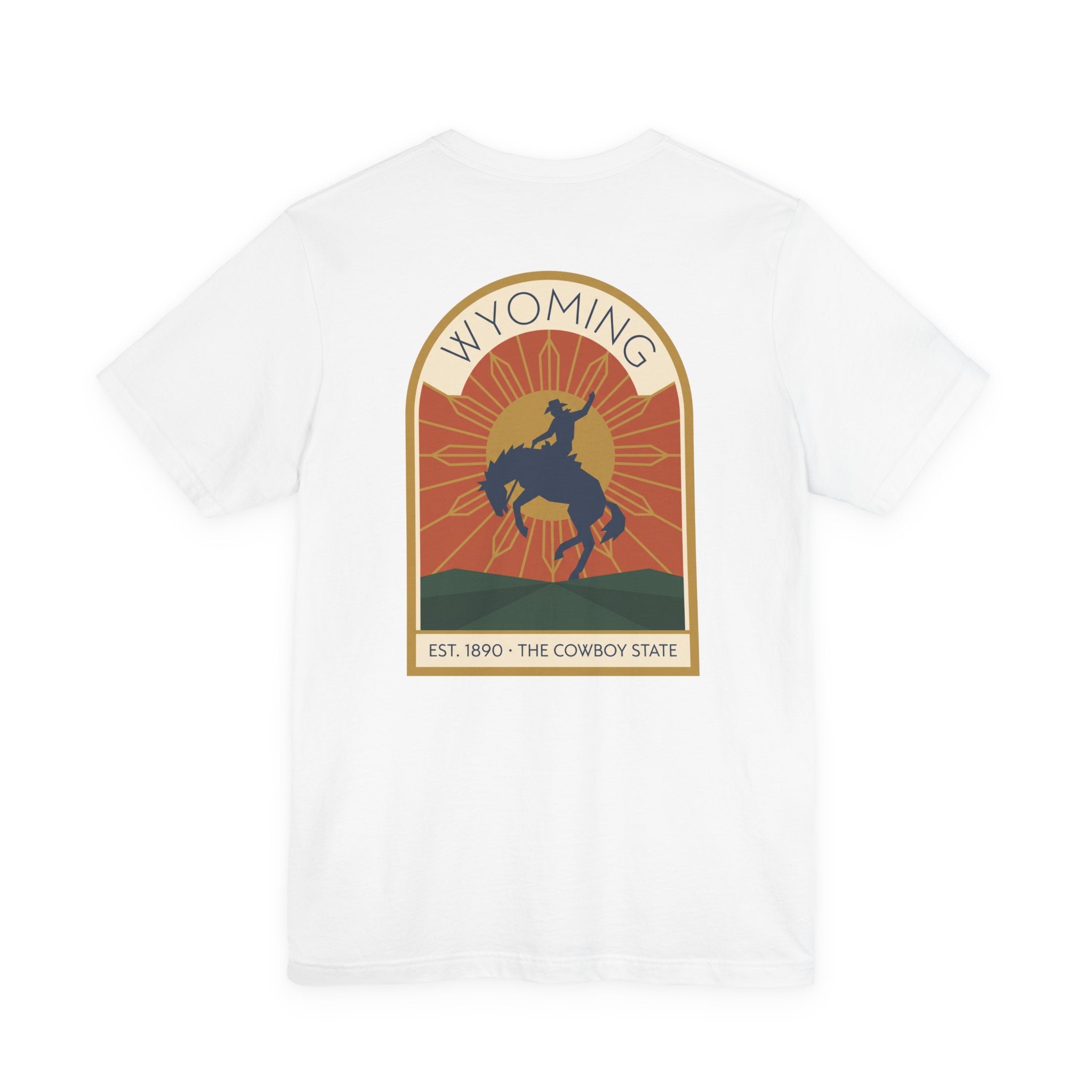 White T-shirt with Wyoming rodeo bucking bronco graphic on front