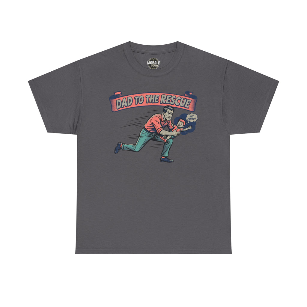 Heather dark gray “Dad to the Rescue” T-shirt with vintage dad rescue graphic