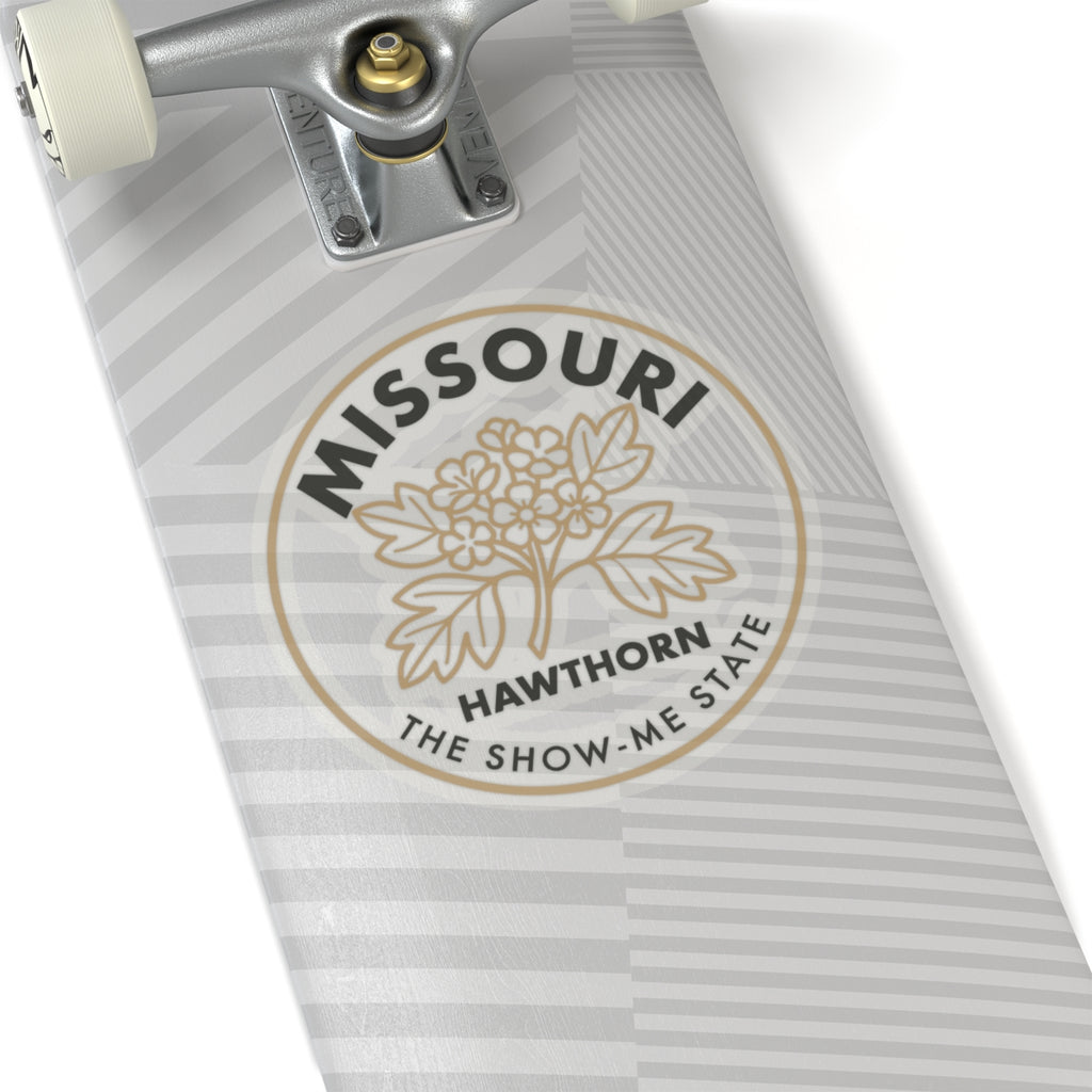 Round transparent vinyl decal: hawthorn tree with 'MISSOURI' and 'THE SHOW-ME STATE' text