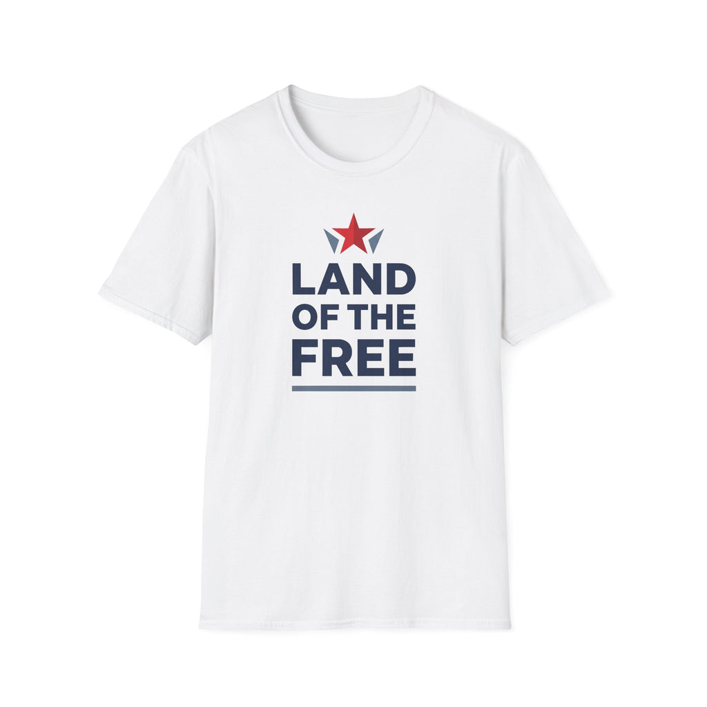 White crewneck T-shirt with red star and blue "LAND OF THE FREE" front print