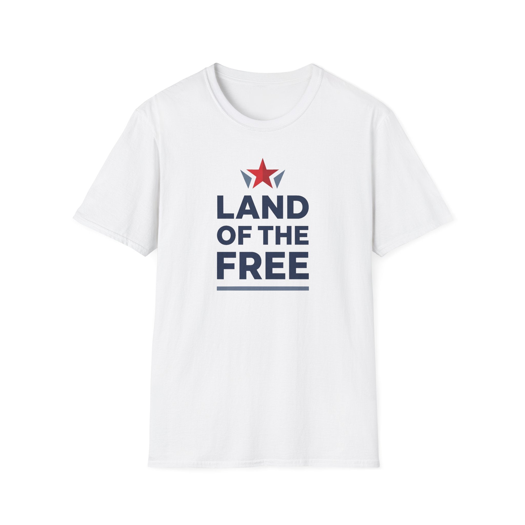 White crewneck T-shirt with red star and blue "LAND OF THE FREE" front print