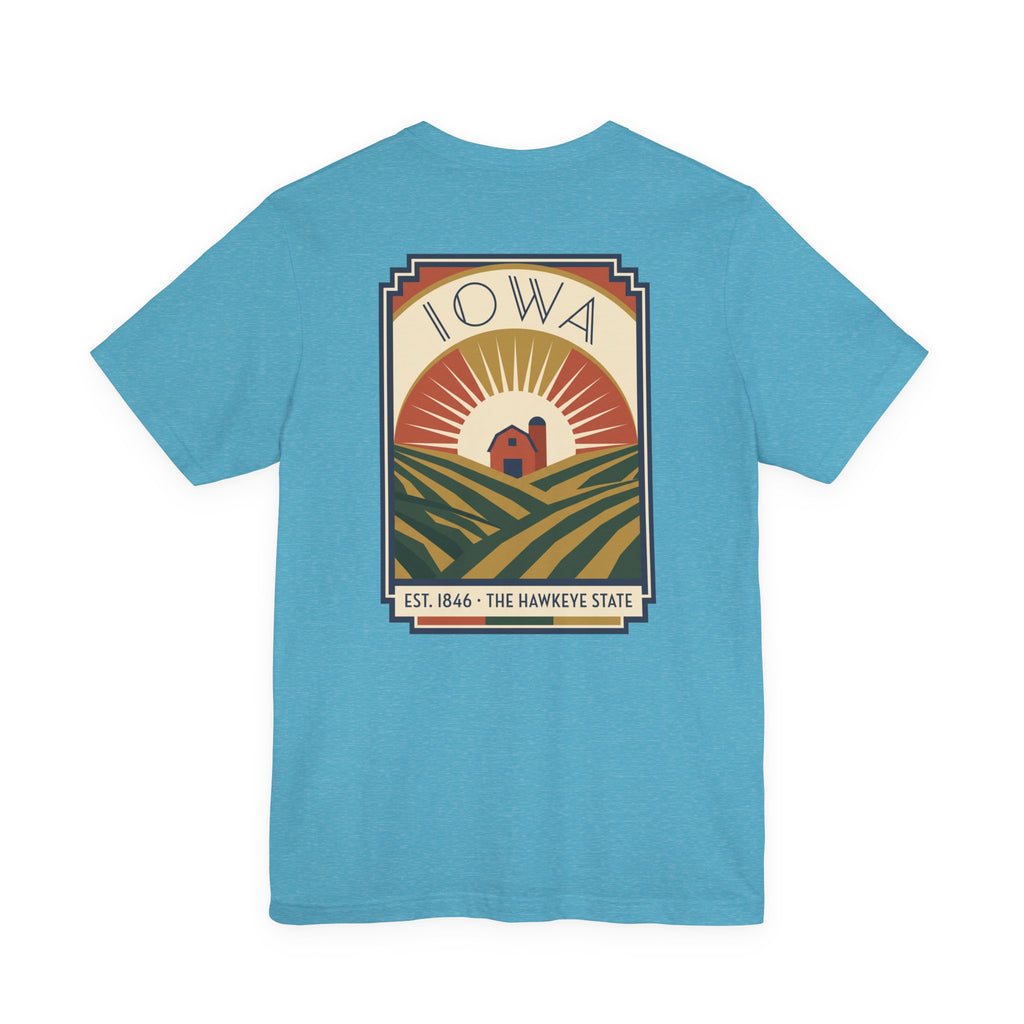 Aqua t-shirt with centered IOWA art deco farm scene graphic