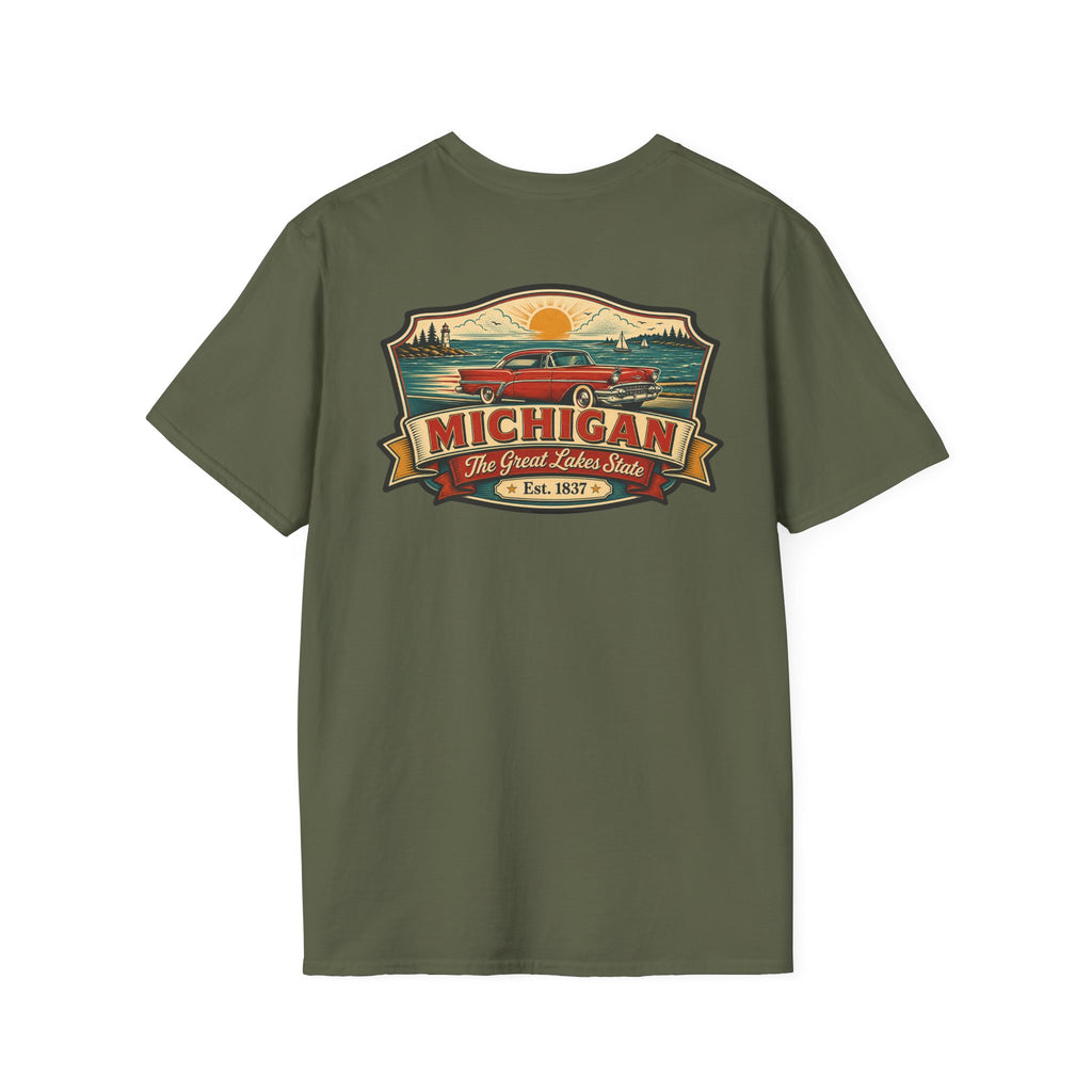 Olive green T-shirt with Michigan emblem and red car graphic on front