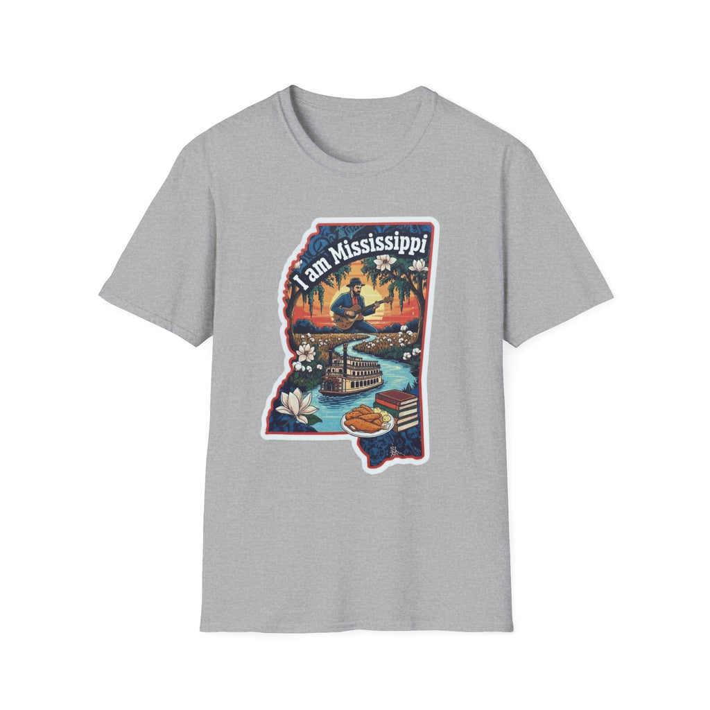 Sport Grey T-shirt with Mississippi state silhouette graphic, riverboat and magnolia print