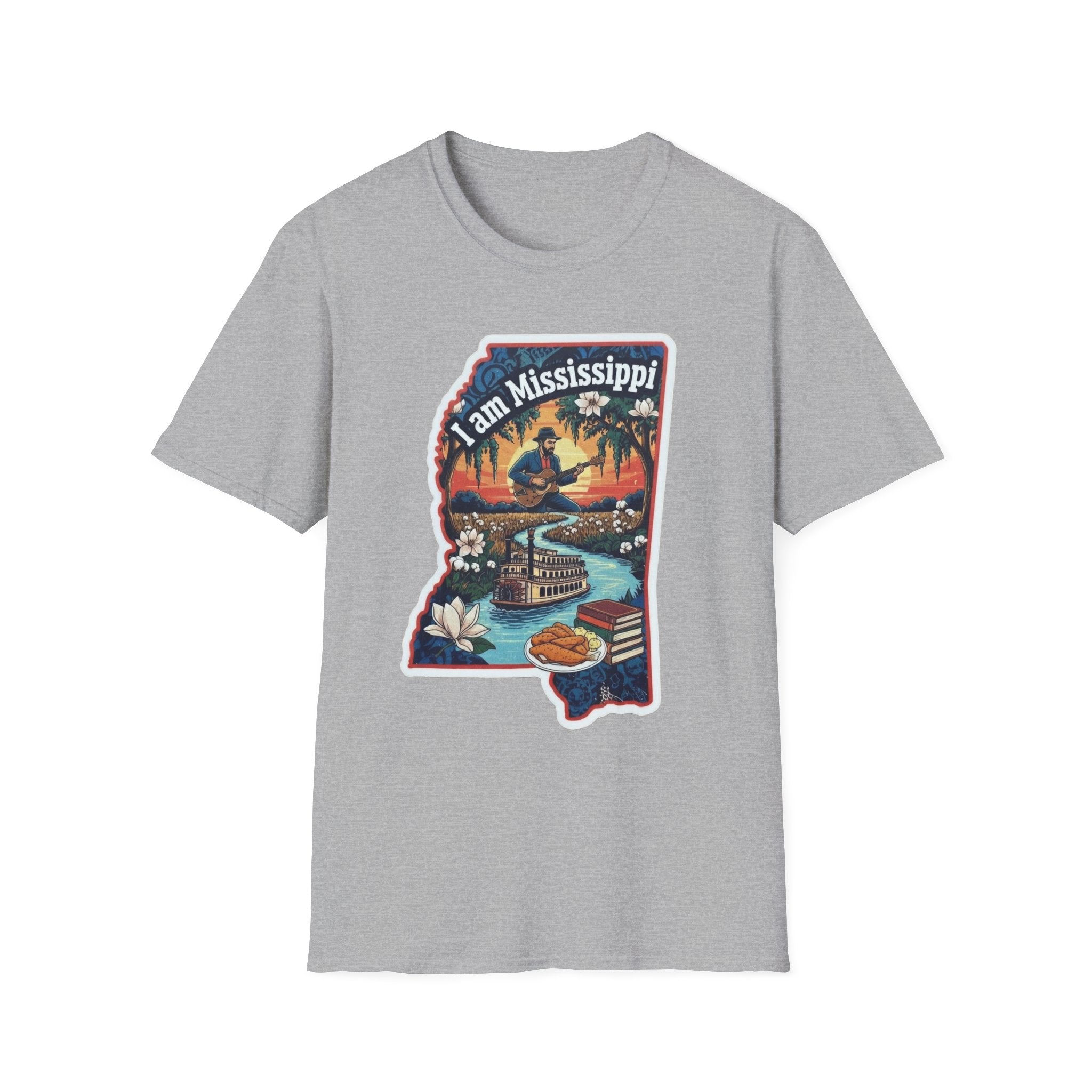 Sport Grey T-shirt with Mississippi state silhouette graphic, riverboat and magnolia print