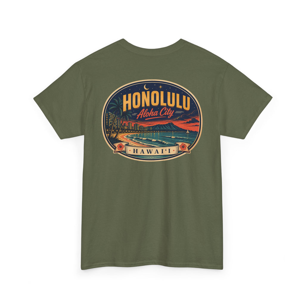 Military green T-shirt with circular HONOLULU Aloha City graphic on front