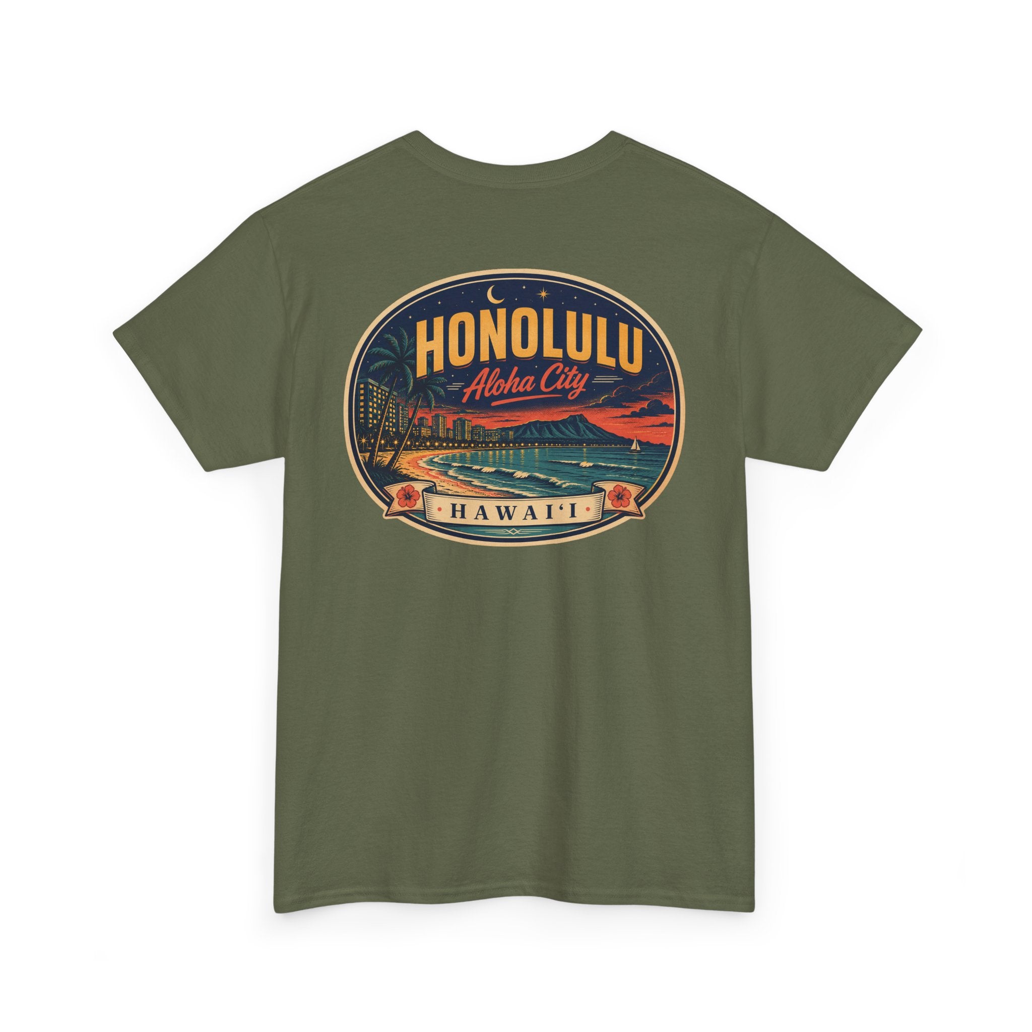 Military green T-shirt with circular HONOLULU Aloha City graphic on front