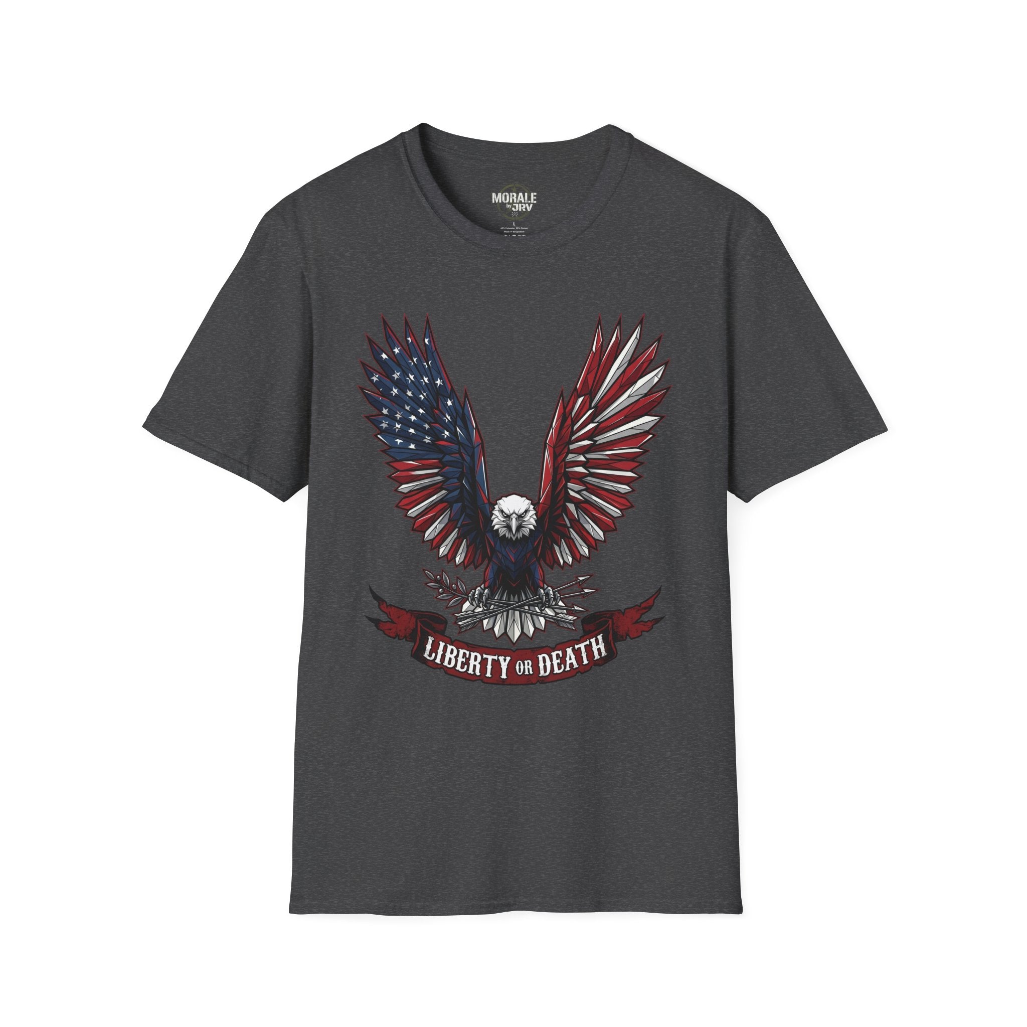 Dark heather T-shirt with patriotic eagle wings and “Liberty or Death”