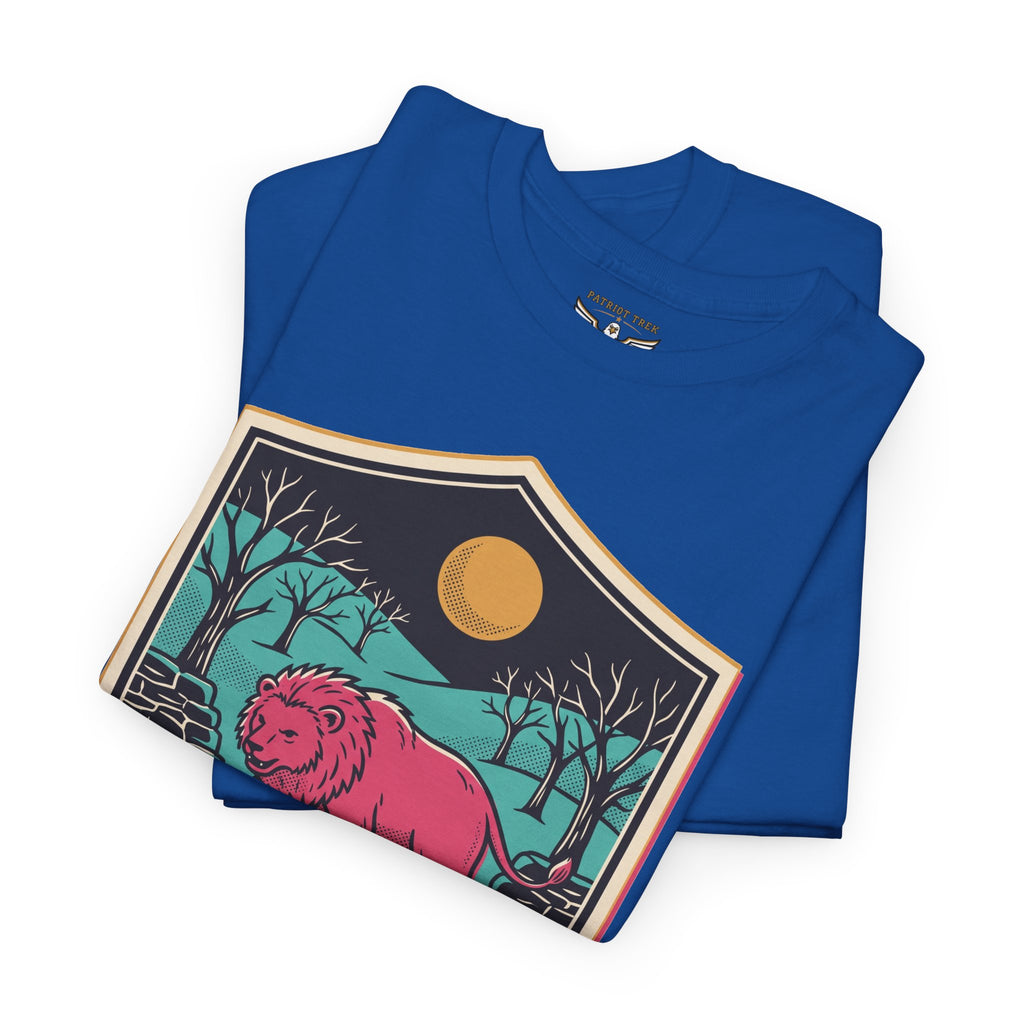 Royal blue t-shirt with colorful bear-in-forest graphic badge print