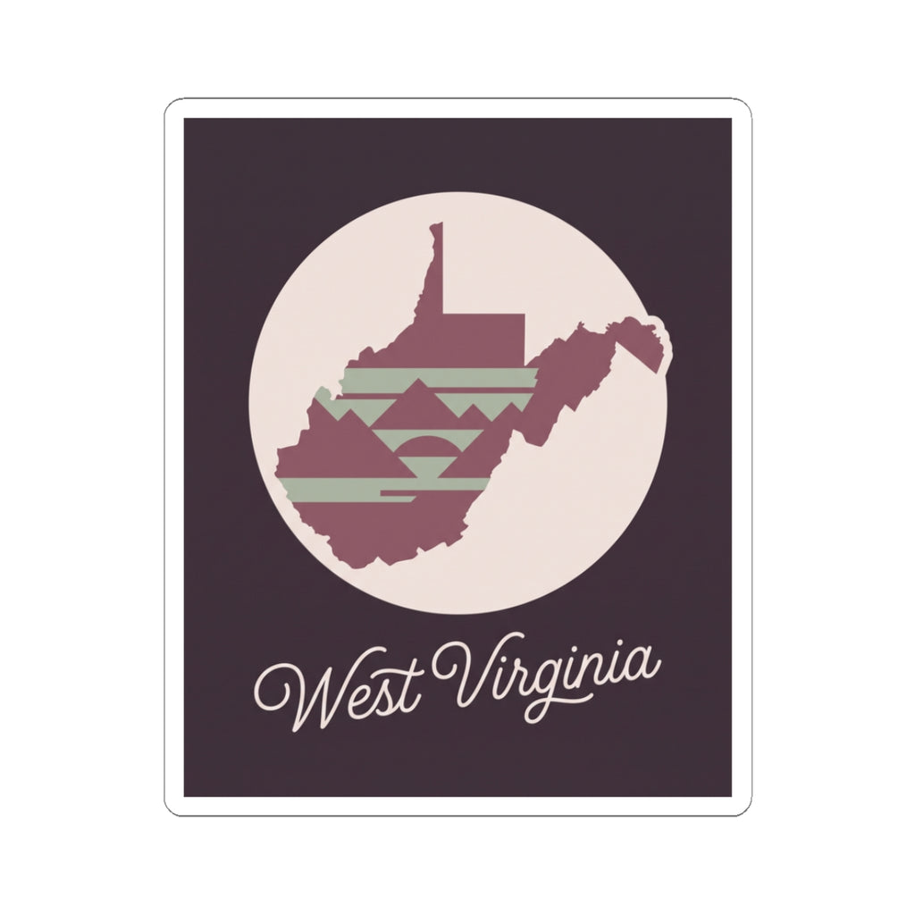 Purple square West Virginia sticker with circular map graphic and “West Virginia” text.