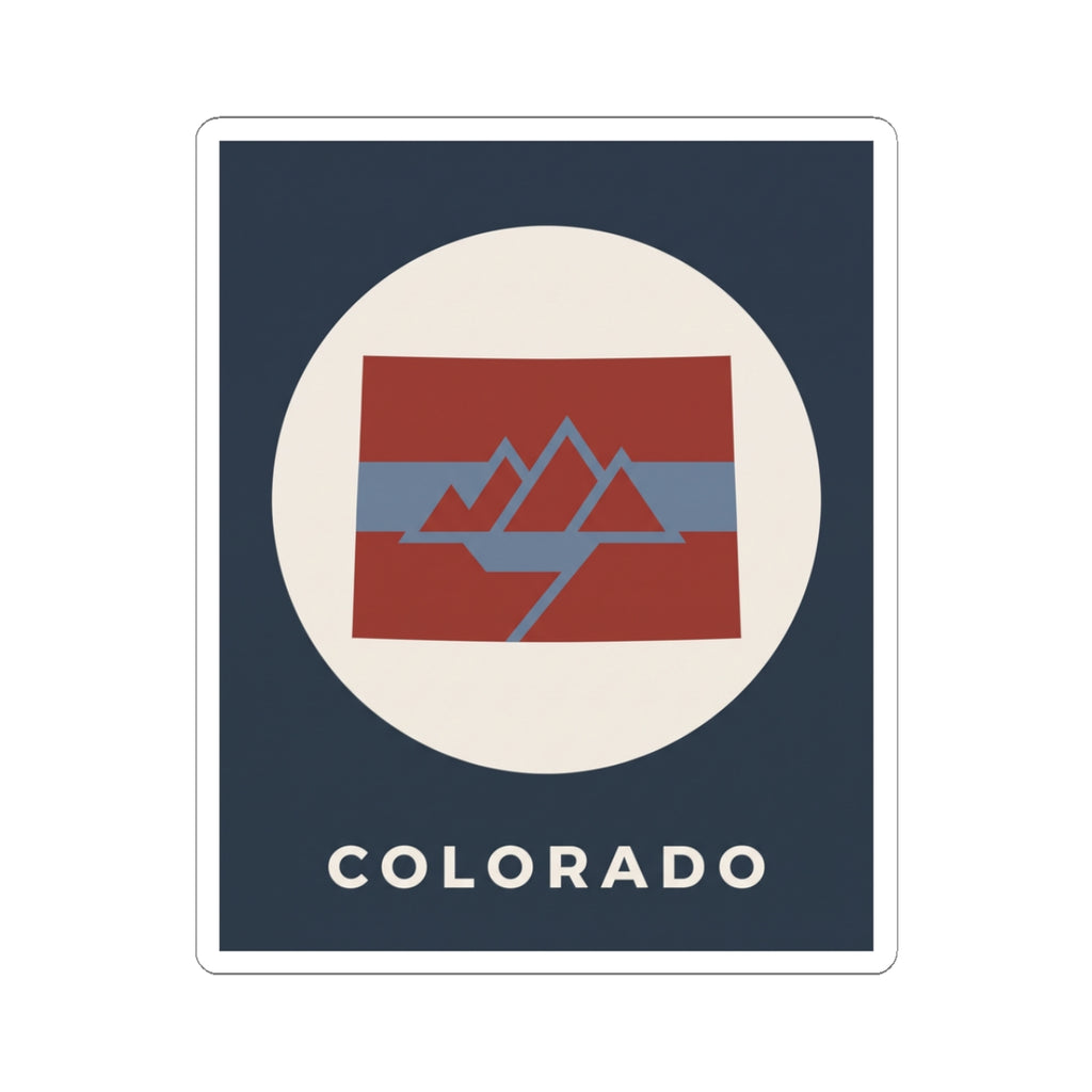Square sticker with rounded corners, 'COLORADO' text, and mountain badge emblem
