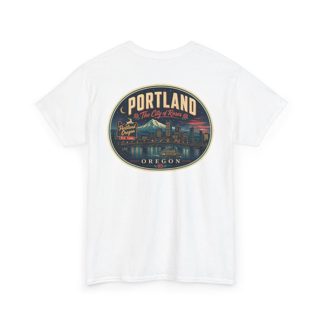 White T-shirt with Portland Oregon round skyline badge graphic