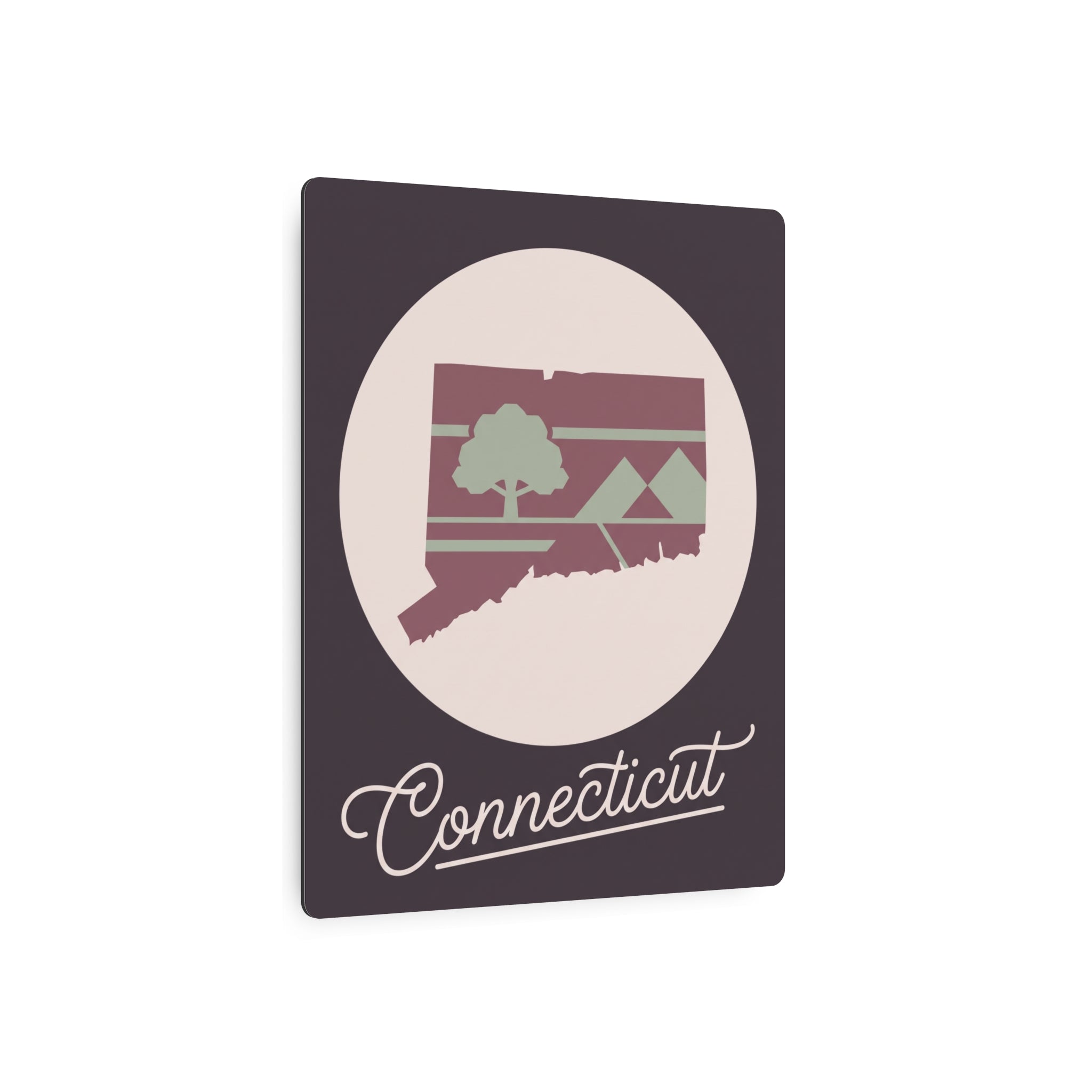 Connecticut metal wall art on dark square panel with oval state graphic and “Connecticut” script