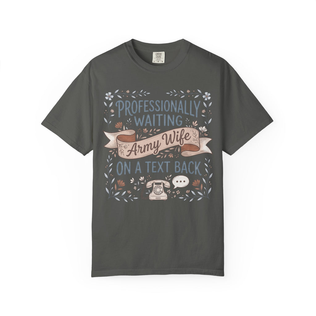 Charcoal gray crew-neck T-shirt with floral “Professionally waiting” text and icons