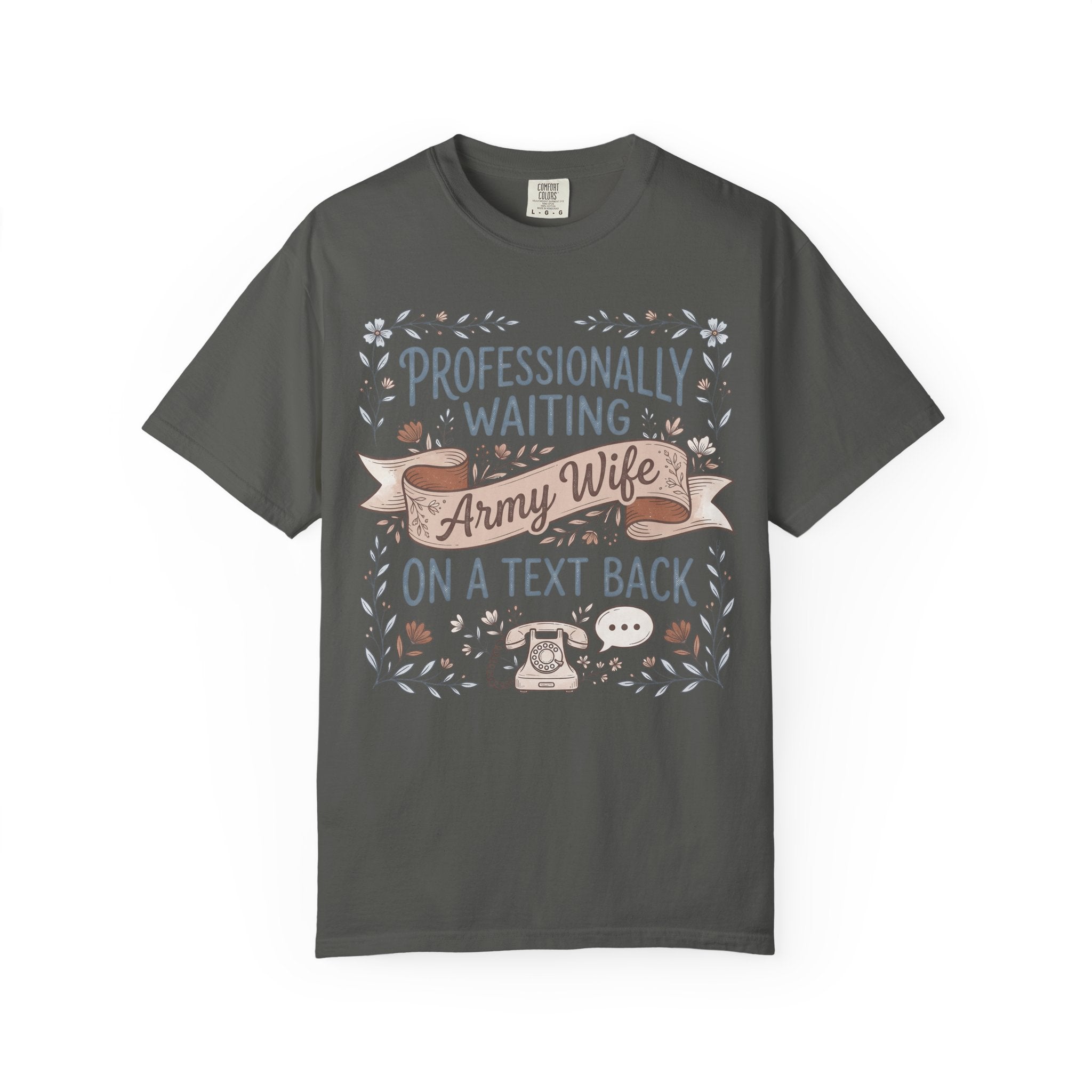 Charcoal gray crew-neck T-shirt with floral “Professionally waiting” text and icons