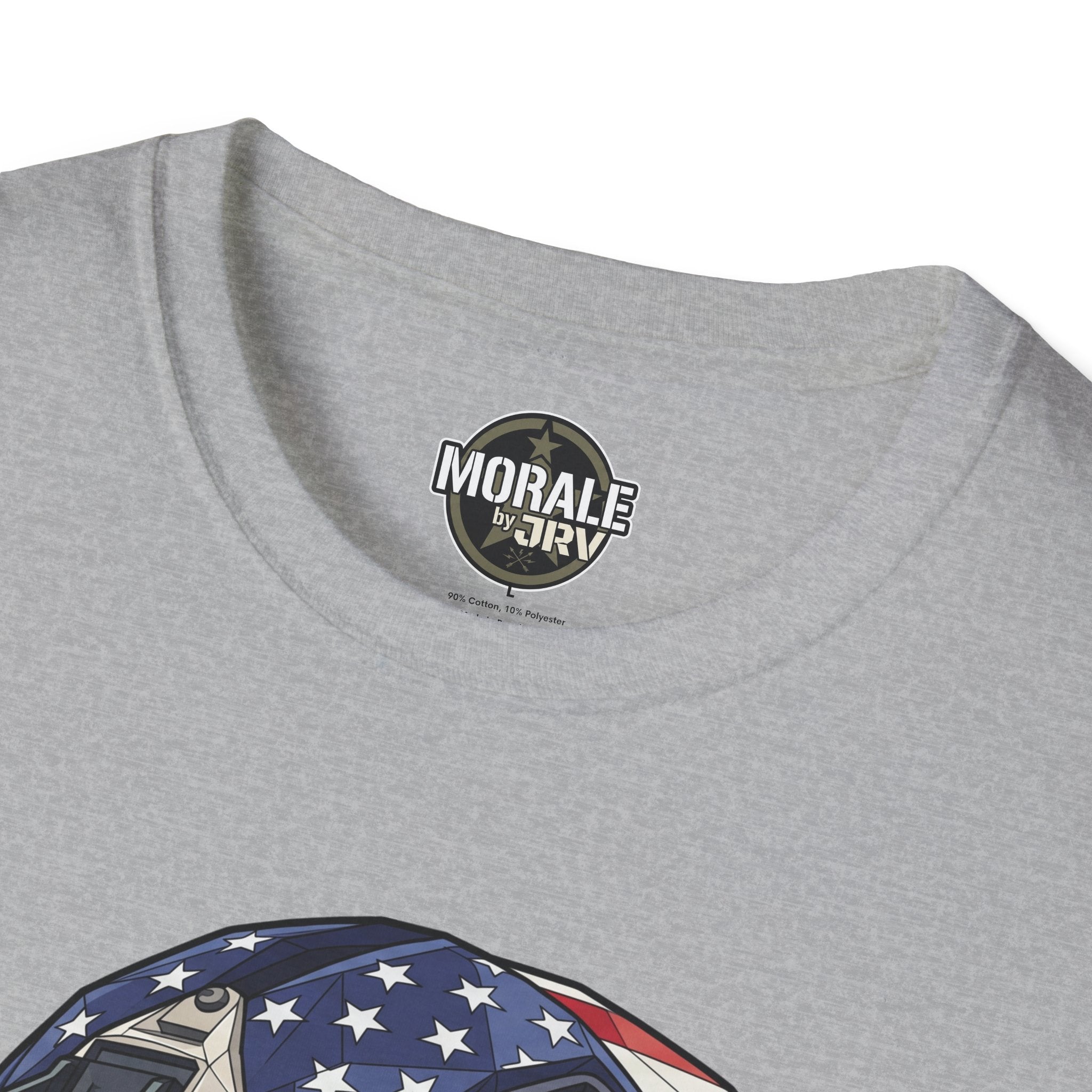 Skull tactical helmet T-shirt in gray with neck logo and partial flag helmet print