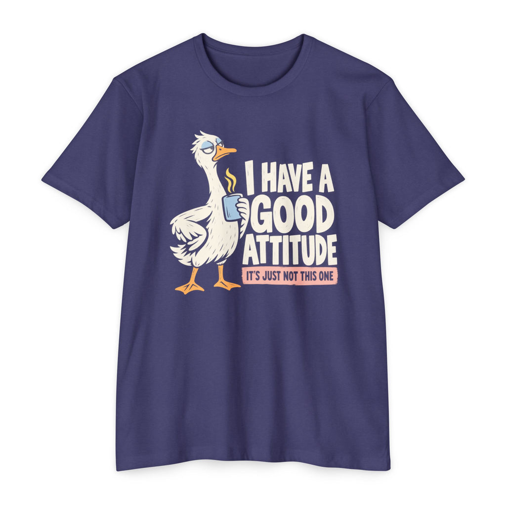 Graphic coffee-themed goose T-shirt, navy purple, 'Have a good attitude' slogan print