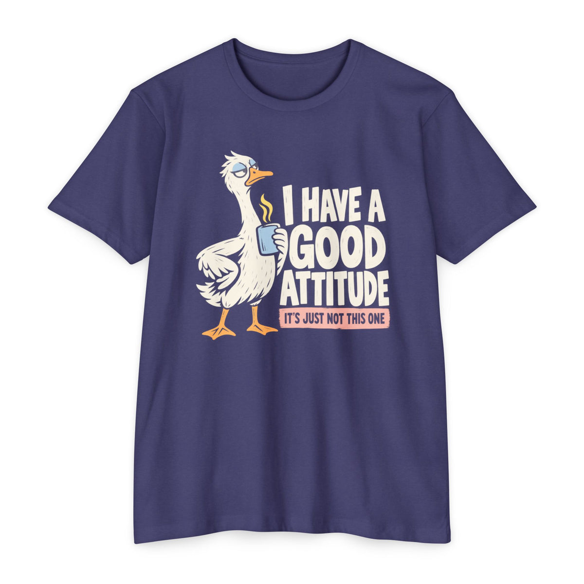 Graphic coffee-themed goose T-shirt, navy purple, 'Have a good attitude' slogan print