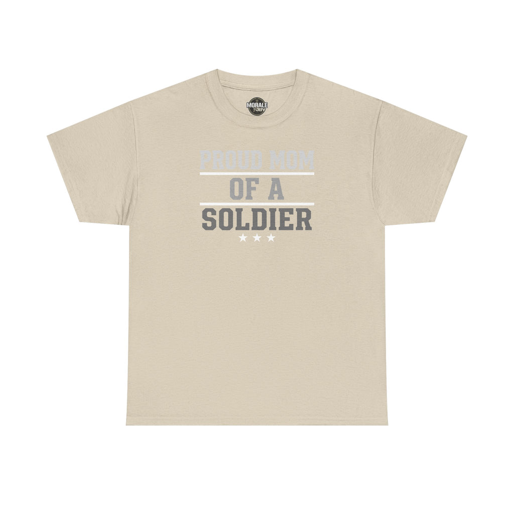 Tan crewneck T-shirt with light “Proud Mom of a Soldier” graphic and three stars