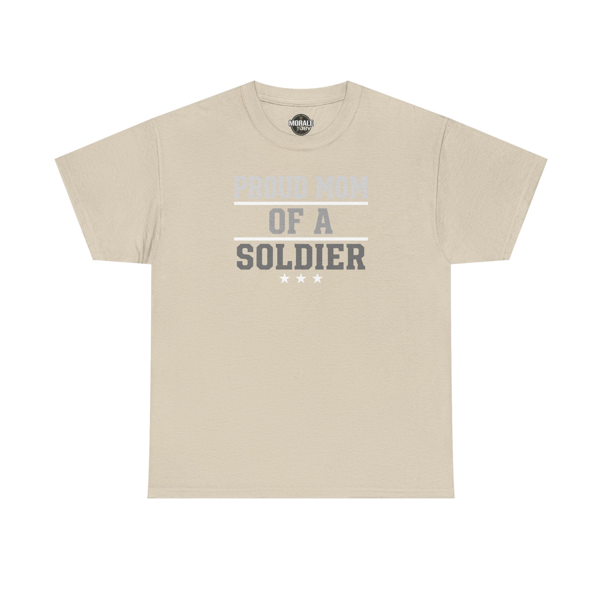 Tan crewneck T-shirt with light “Proud Mom of a Soldier” graphic and three stars