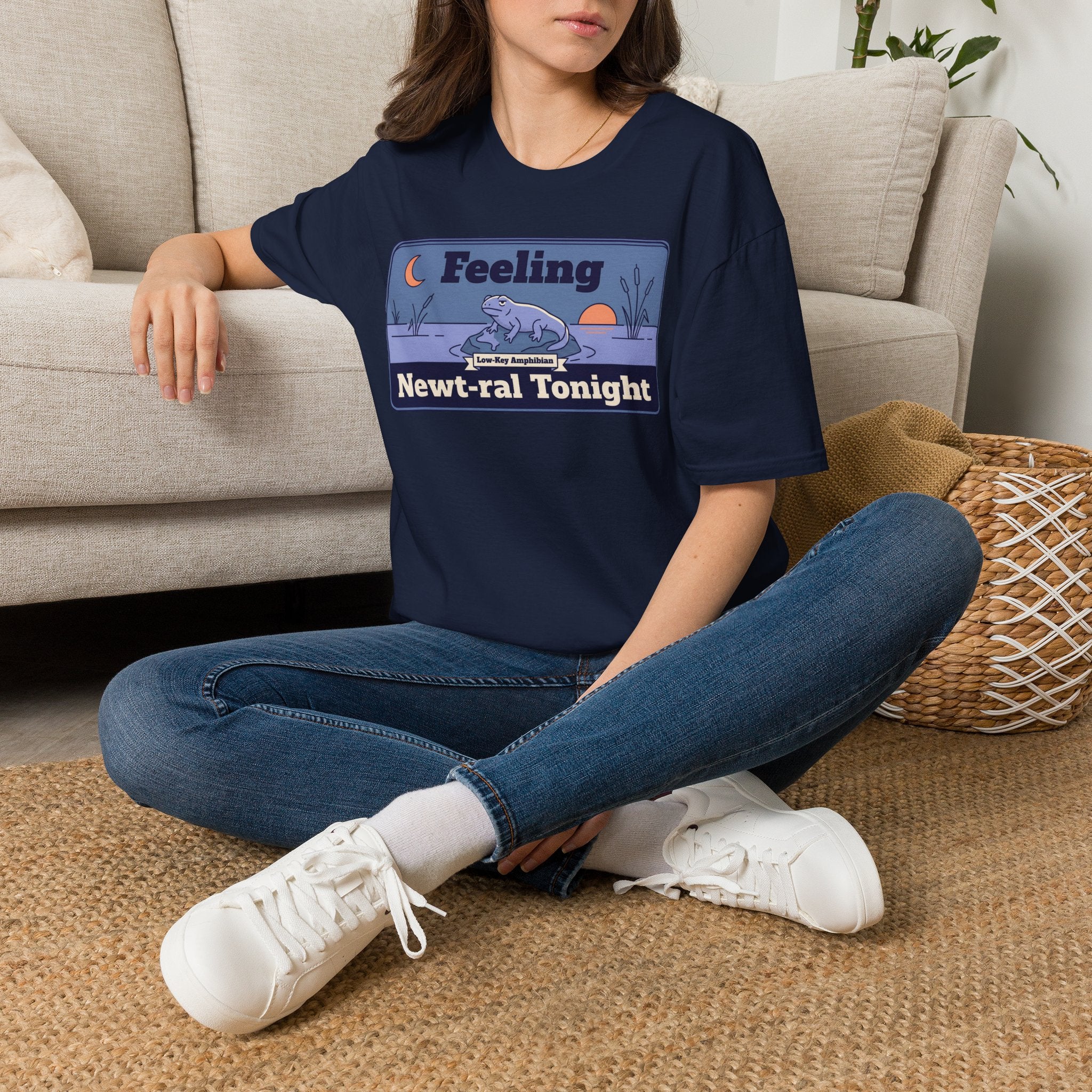 Navy crewneck short-sleeve T-shirt with “Feeling Newt-ral Tonight” newt graphic.
