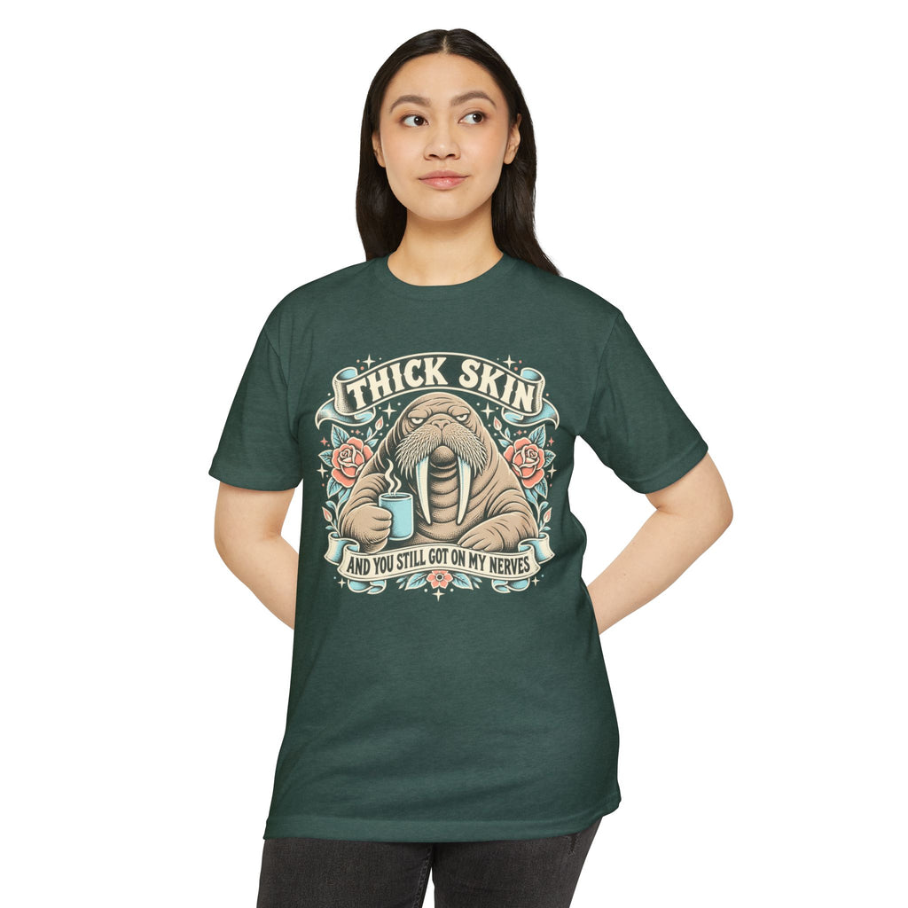 Walrus graphic t-shirt in deep green with front walrus illustration and banner text