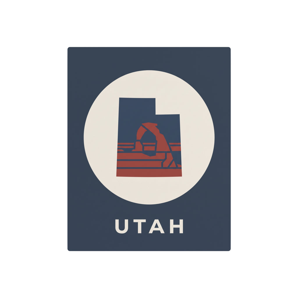 Utah state metal art sign: dark blue square with oval emblem and UTAH text